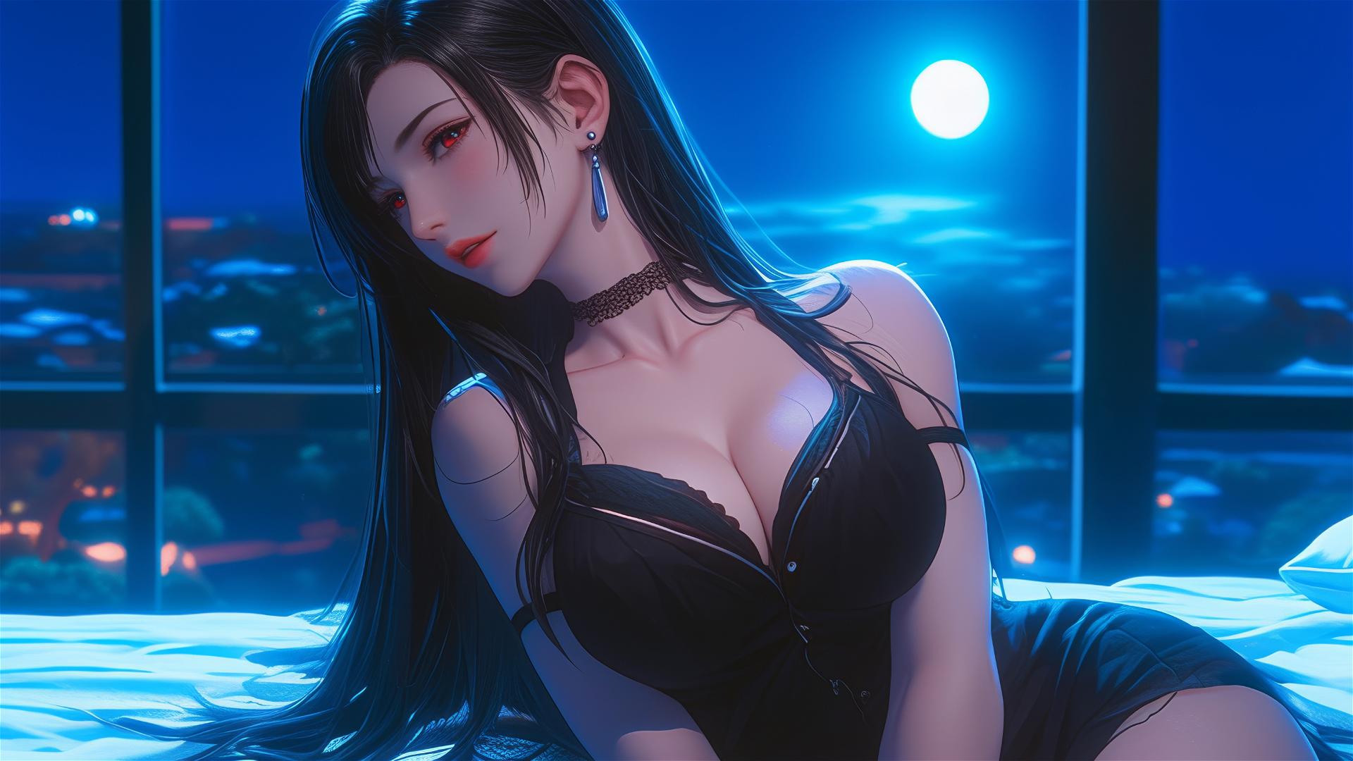 Tifa Lockhart in black pajamas, illuminated by moonlight, resting in her room