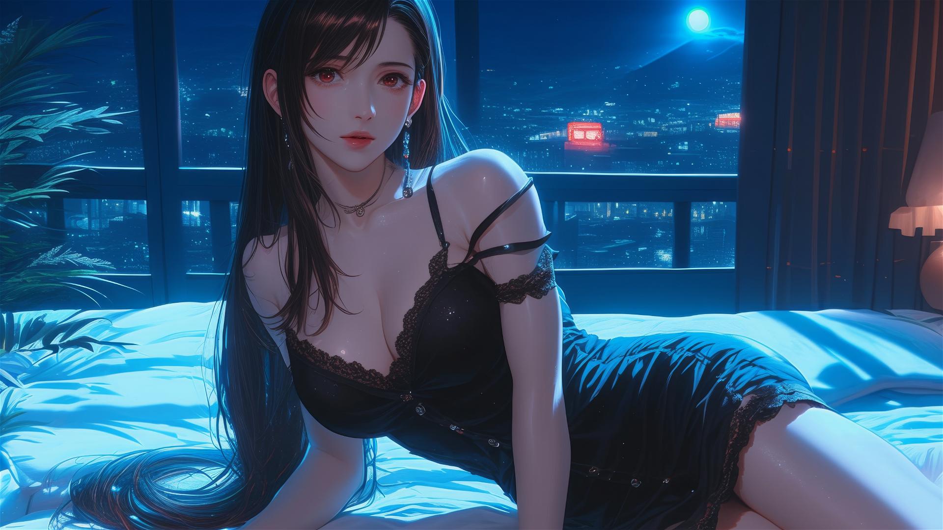 Tifa Lockhart in black pajamas resting in her room under moonlight