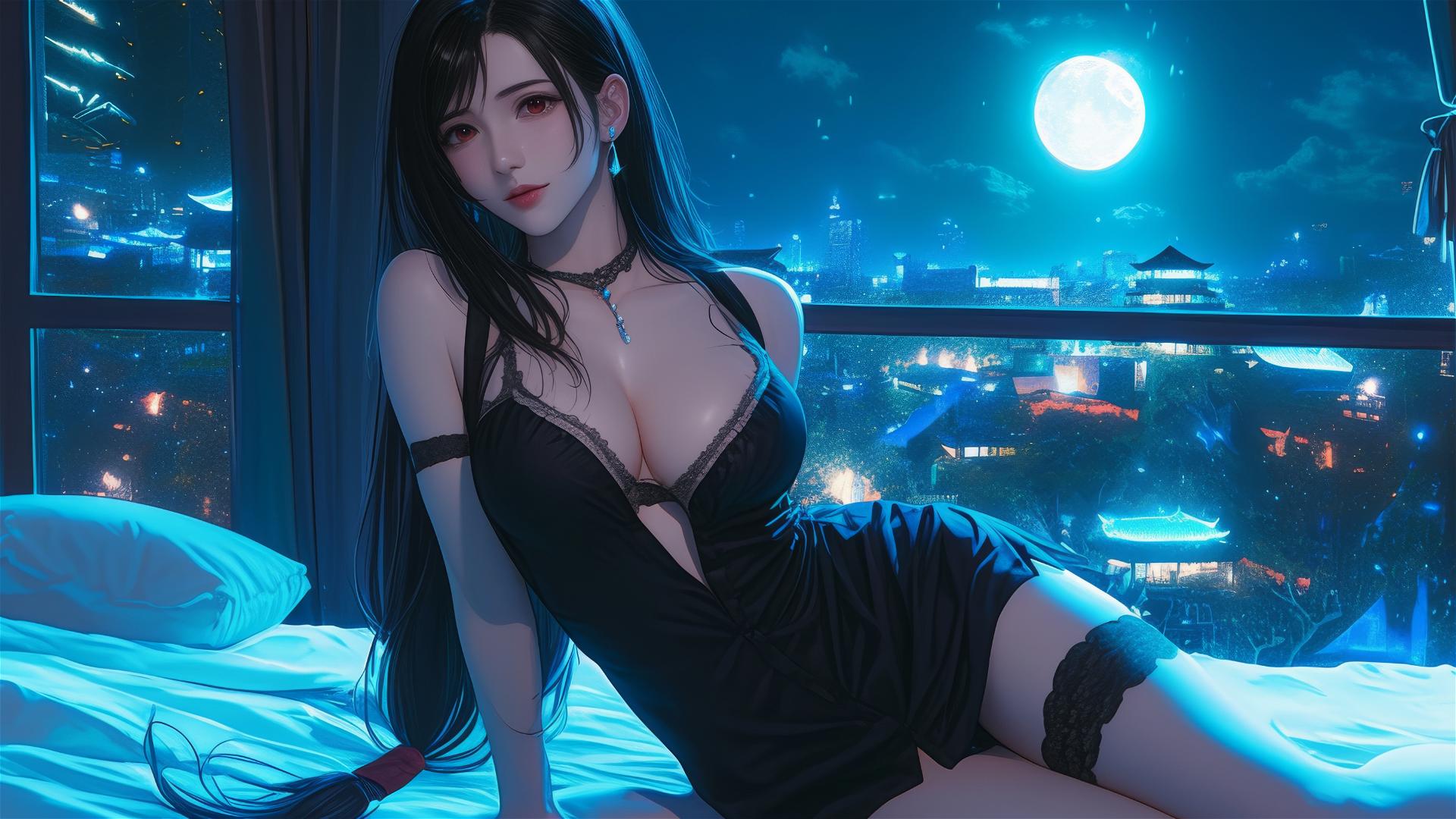 Tifa Lockhart from Final Fantasy in black pajamas resting by moonlight