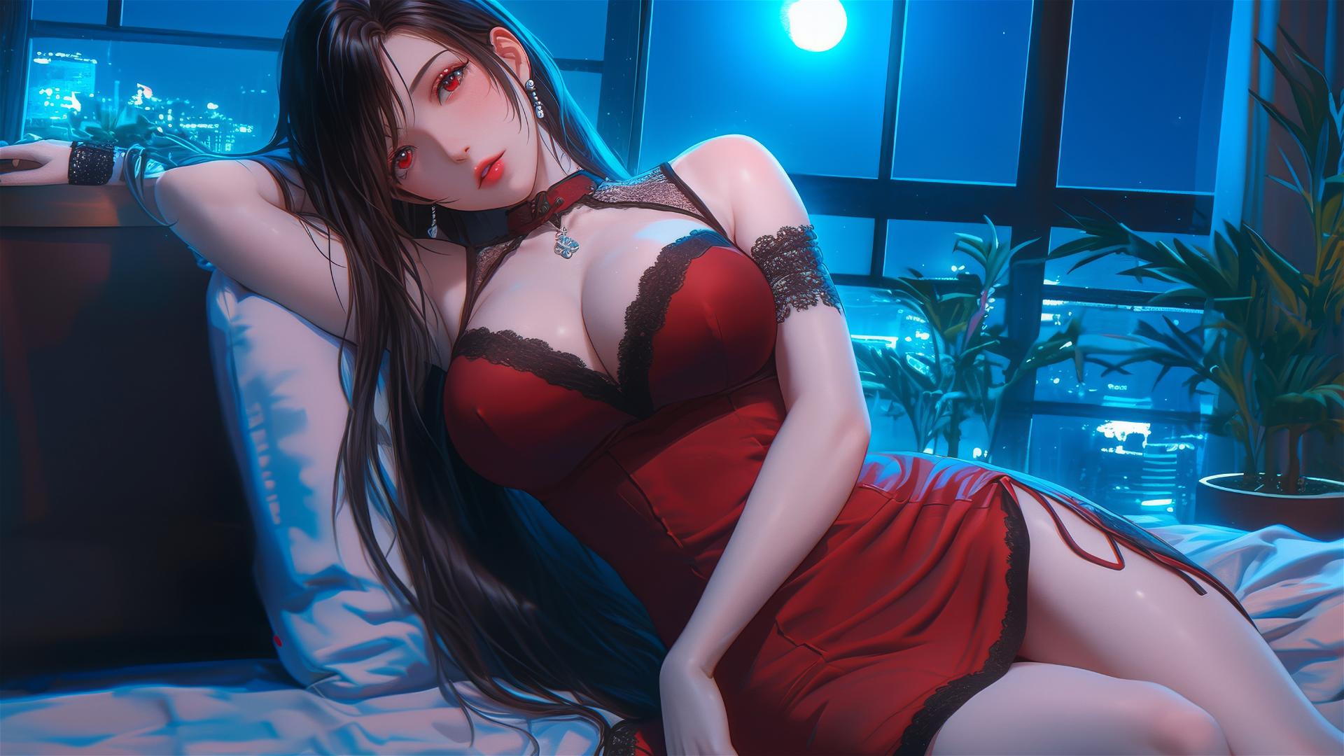 Tifa Lockhart in red pajamas resting by moonlight