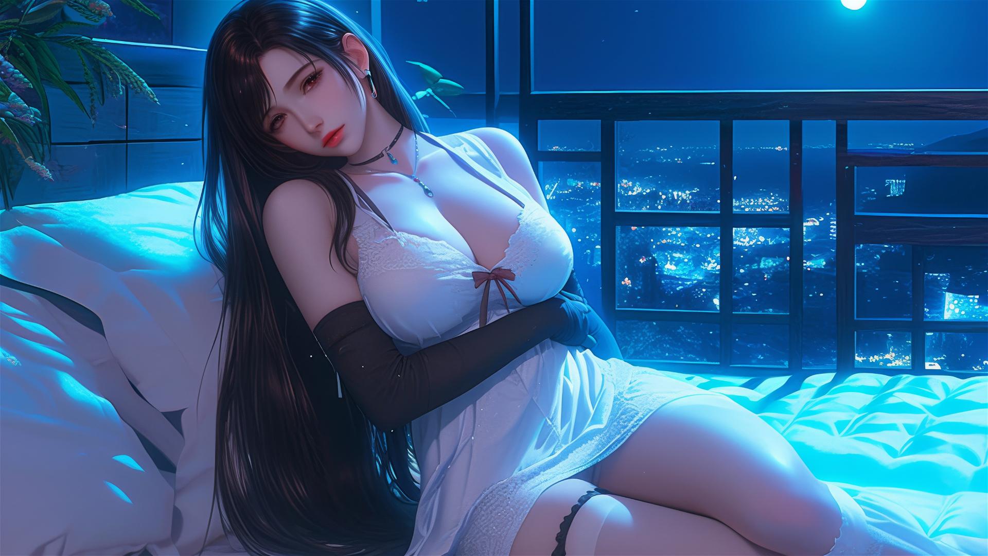 Tifa Lockhart in white pajamas resting under moonlight