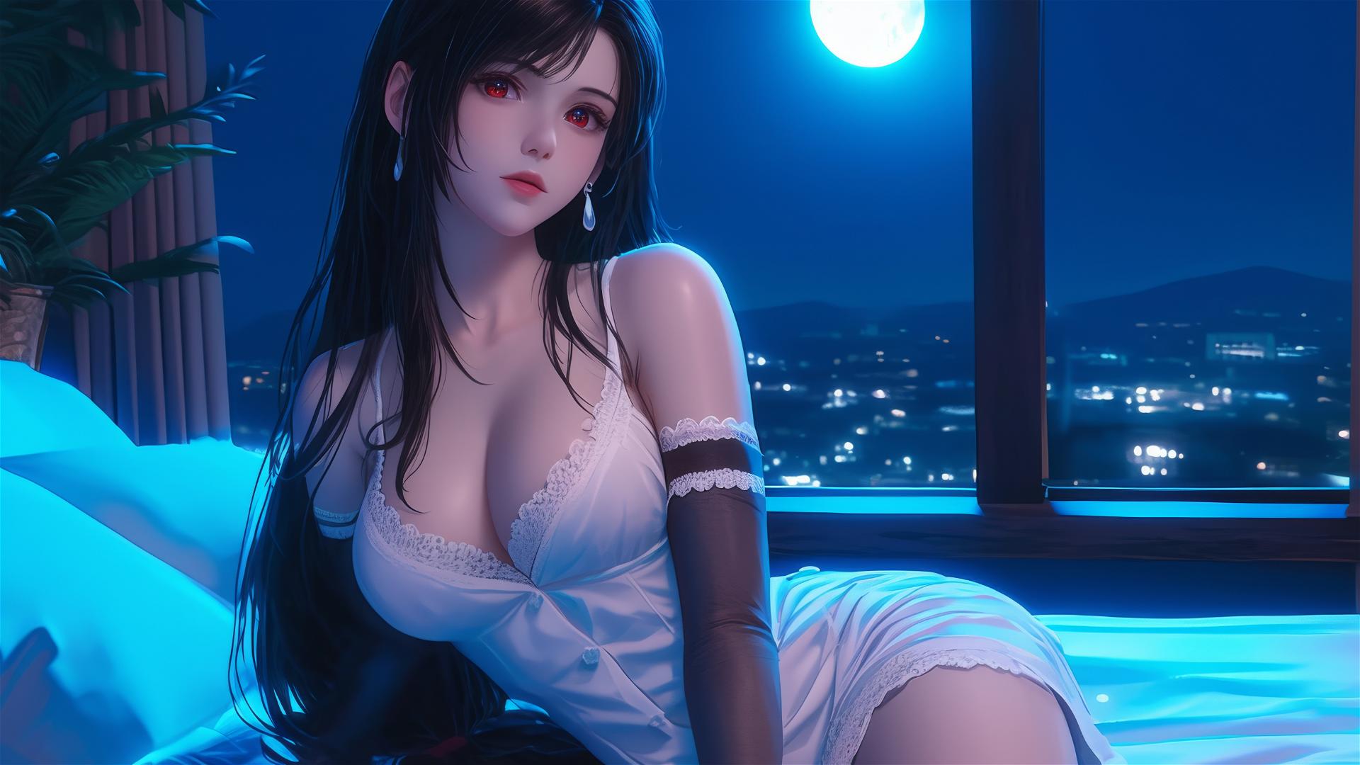 Tifa Lockhart in white pajamas resting in her room with moonlight glow