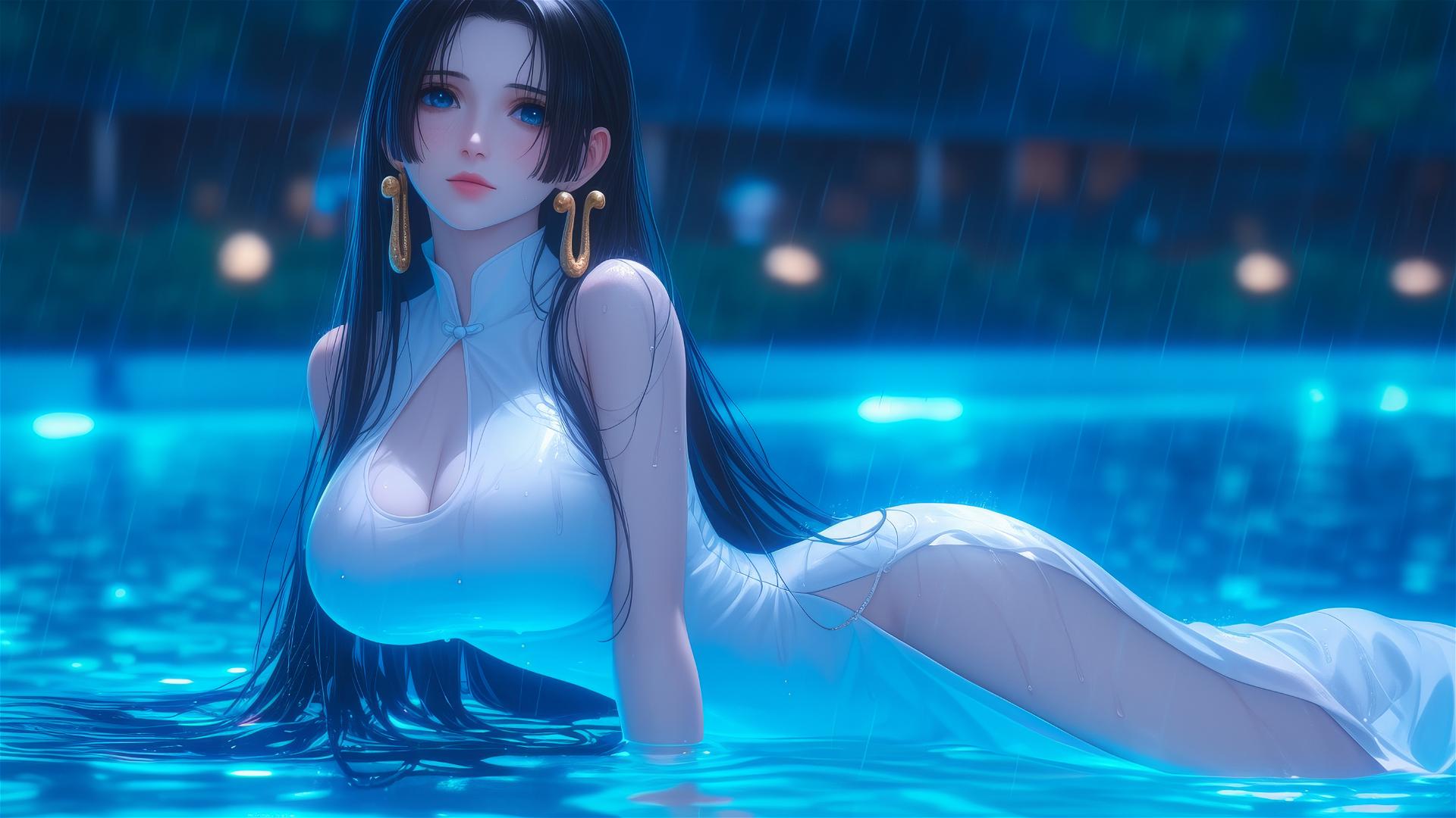 Boa Hancock resting by a rainy pool under moonlight in a white dress