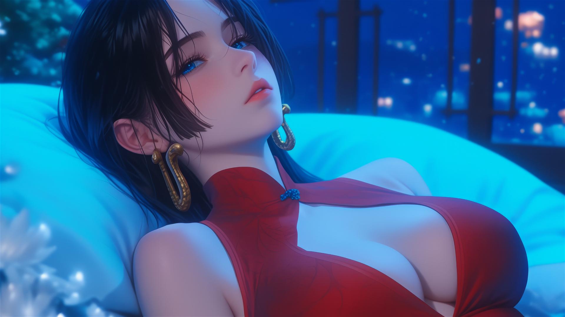 Boa Hancock resting in moonlit apartment with short hair