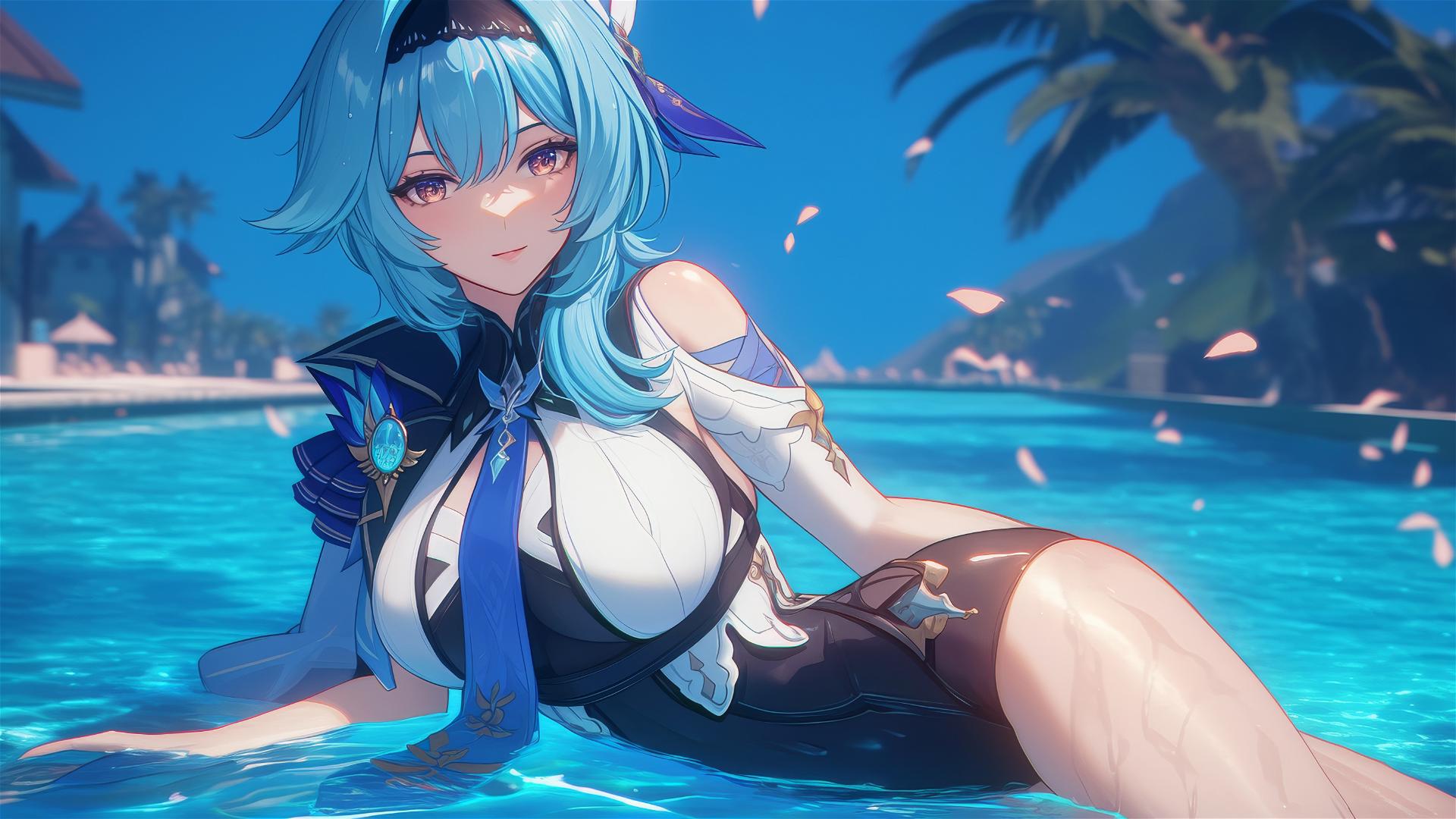 Eula Lawrence from Genshin Impact resting by swimming pool under moonlight
