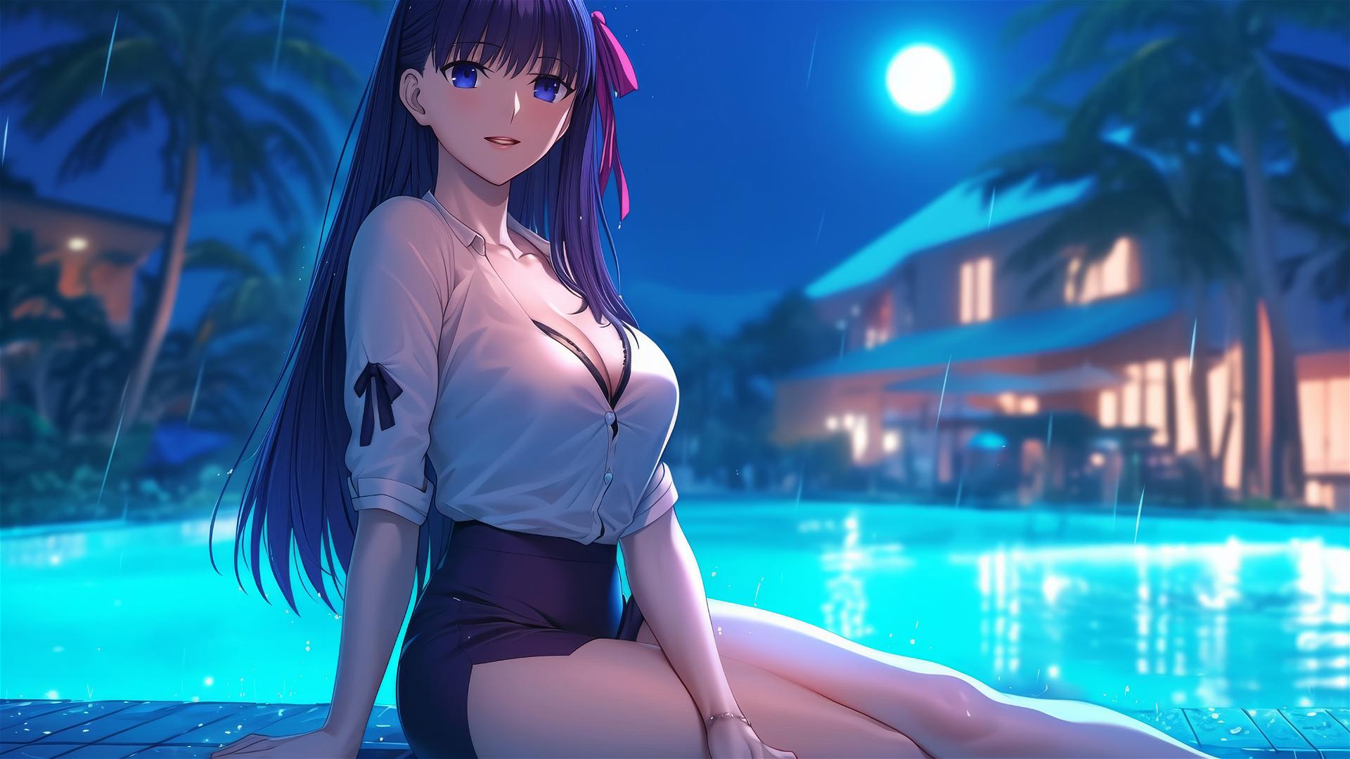 Sakura Matou from Fate/stay night resting by a rainy pool under moonlight.