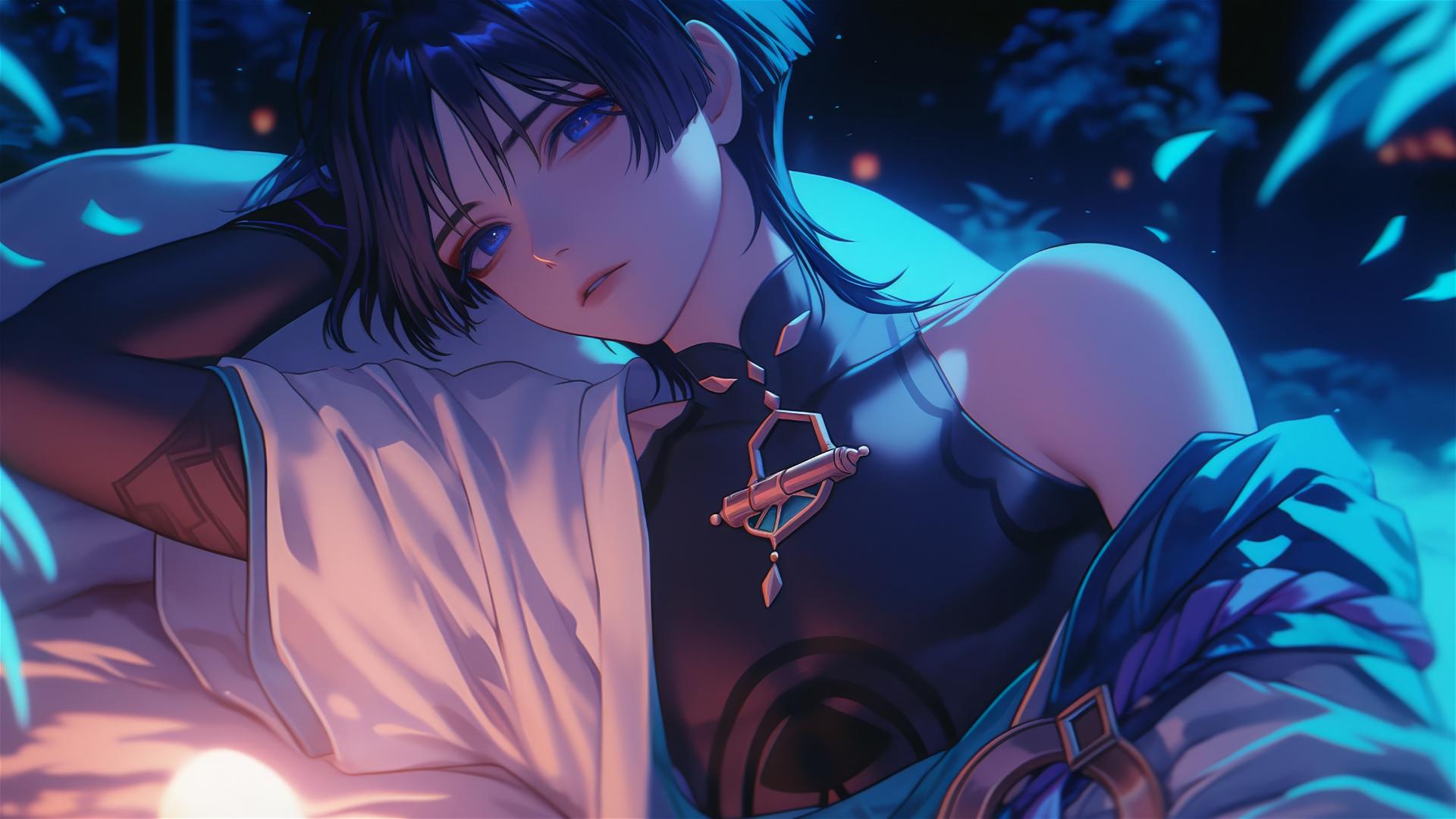 Scaramouche from Genshin Impact with short indigo hair and eyes, resting in warm light.