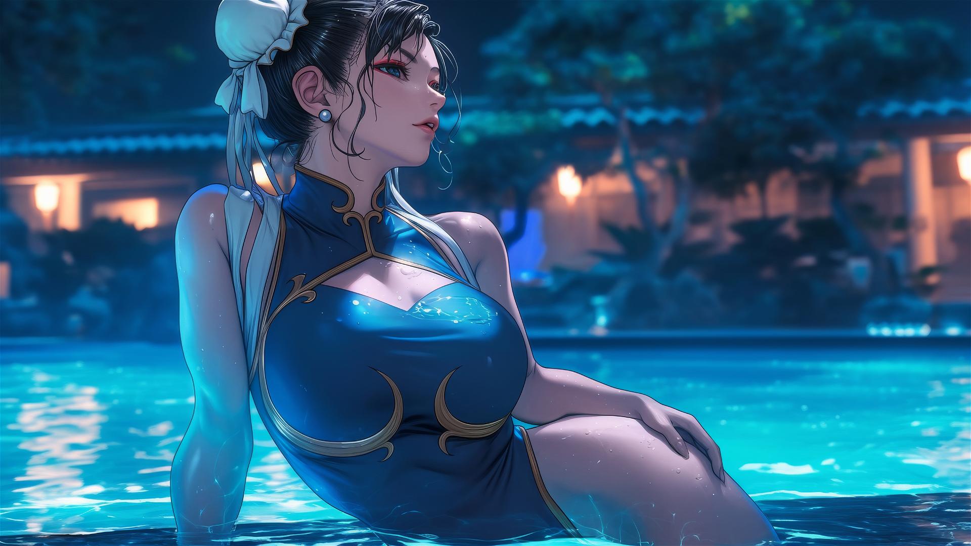Chun Li resting at a rainy swimming pool under moonlight.