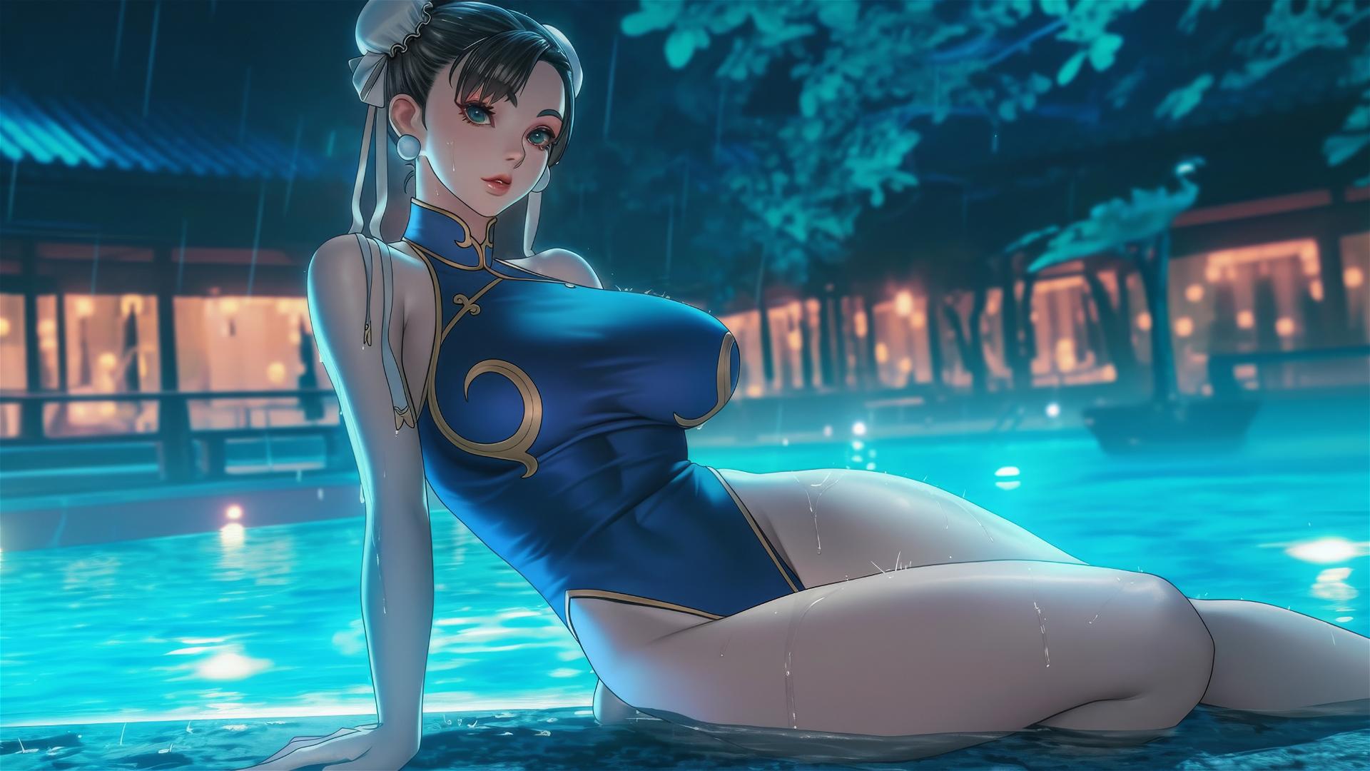 Chun Li resting by a rainy swimming pool under moonlight