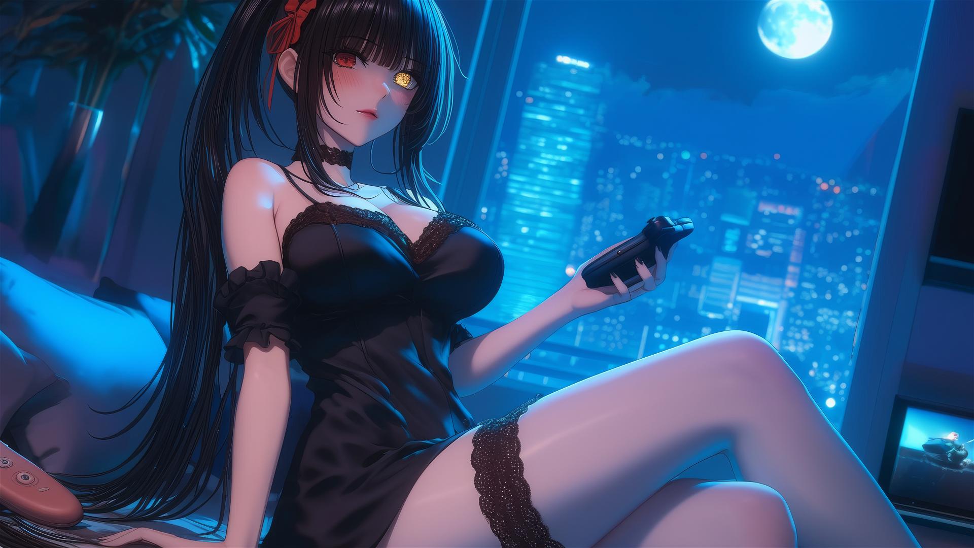 Kurumi Tokisaki resting in a modern hotel room with moonlight, red and yellow eyes.