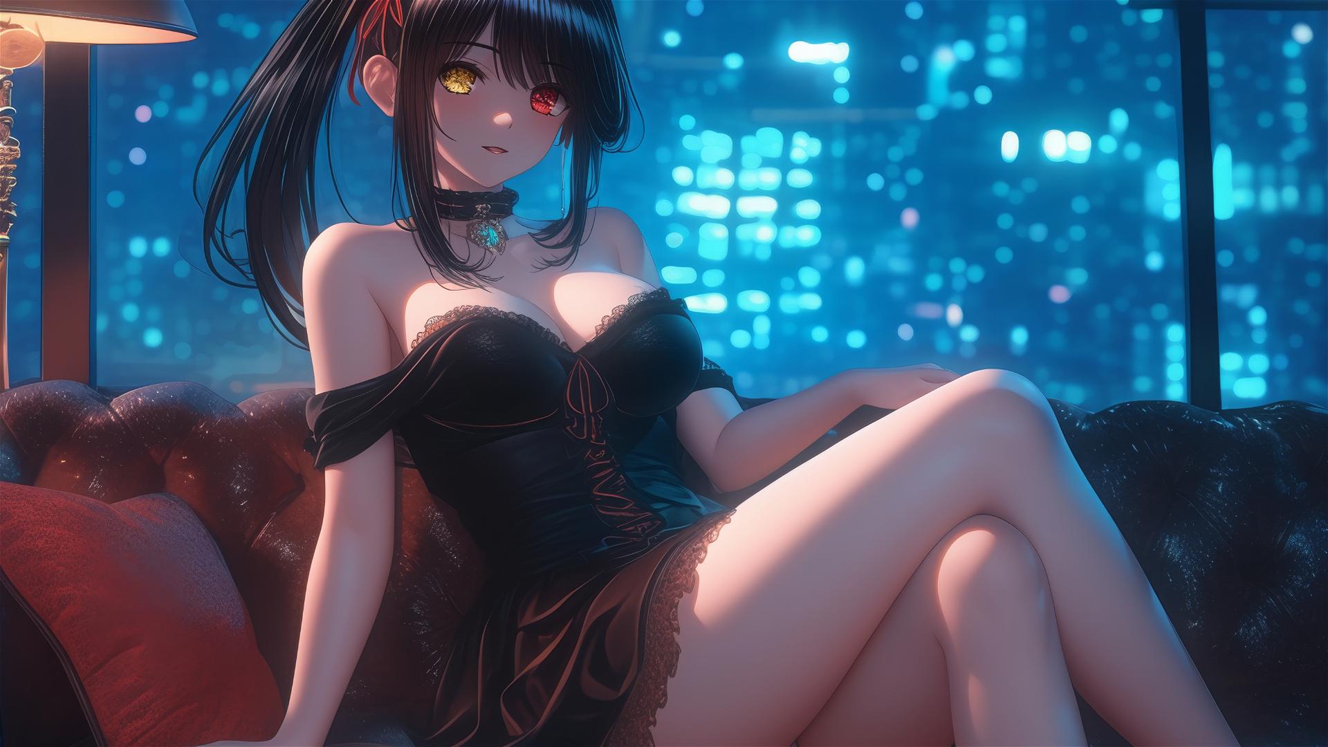 Kurumi Tokisaki resting in a modern hotel room with moonlight glow