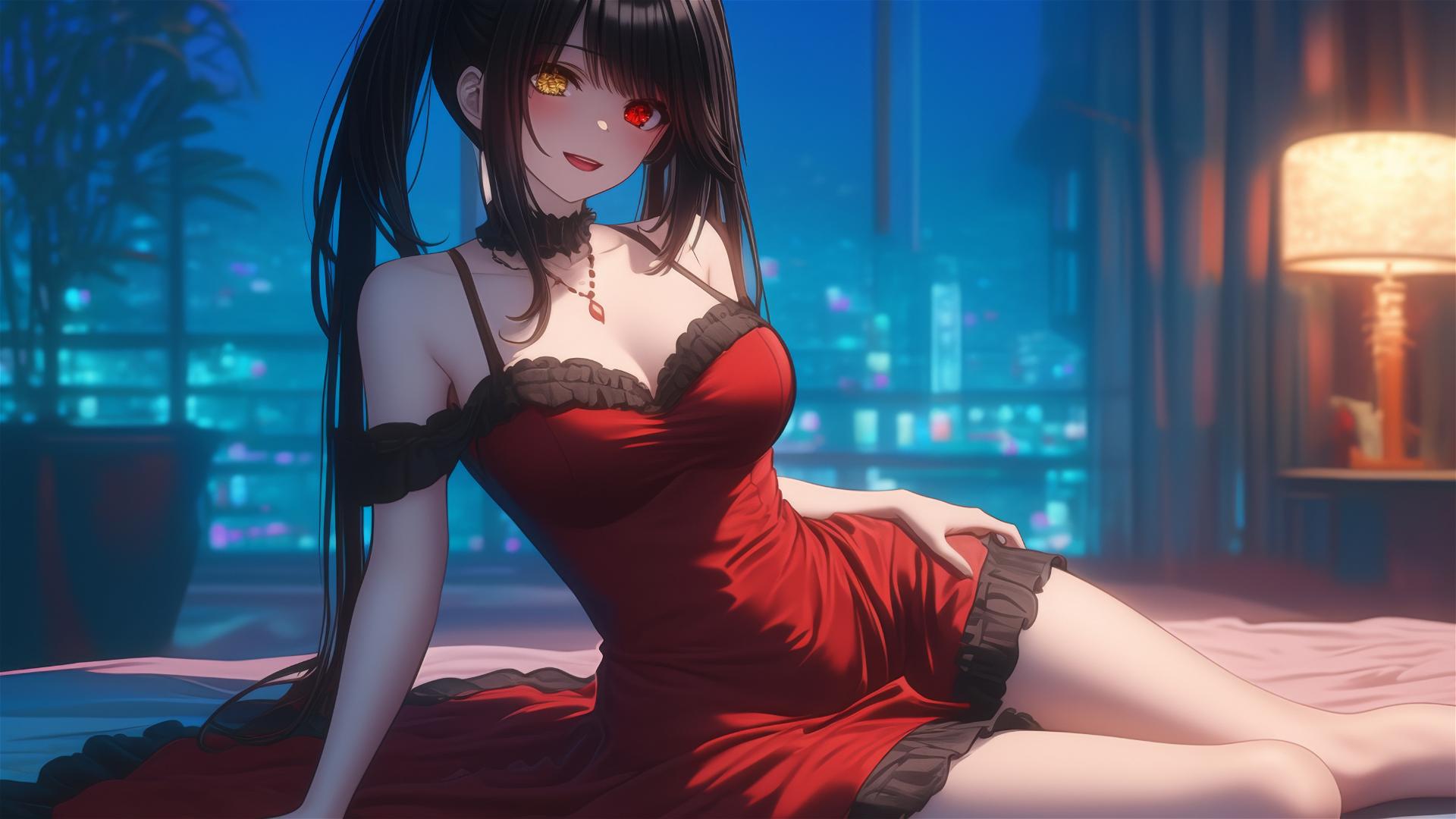 Kurumi Tokisaki from Date A Live resting in hotel room with moonlight, one red and one yellow eye.