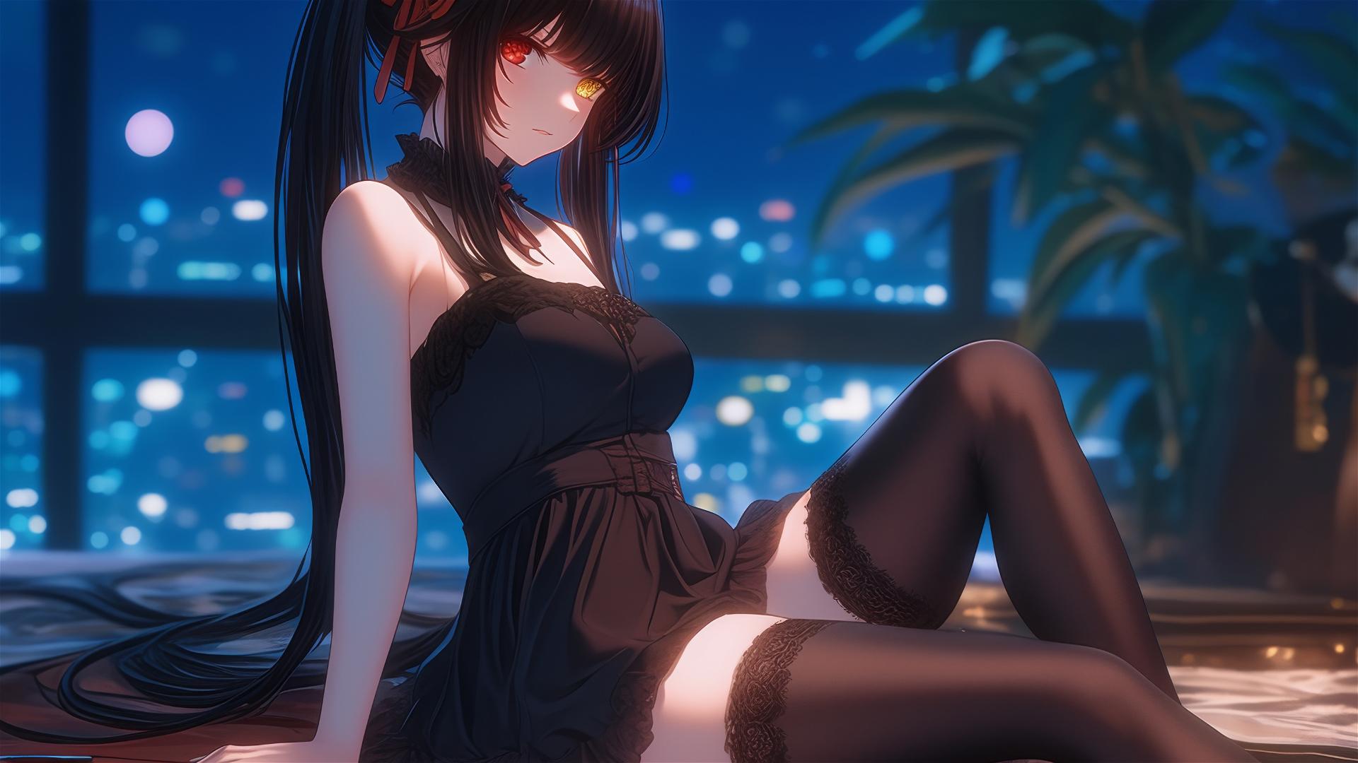 Kurumi Tokisaki resting in modern hotel room with moonlight glow, red and yellow eyes
