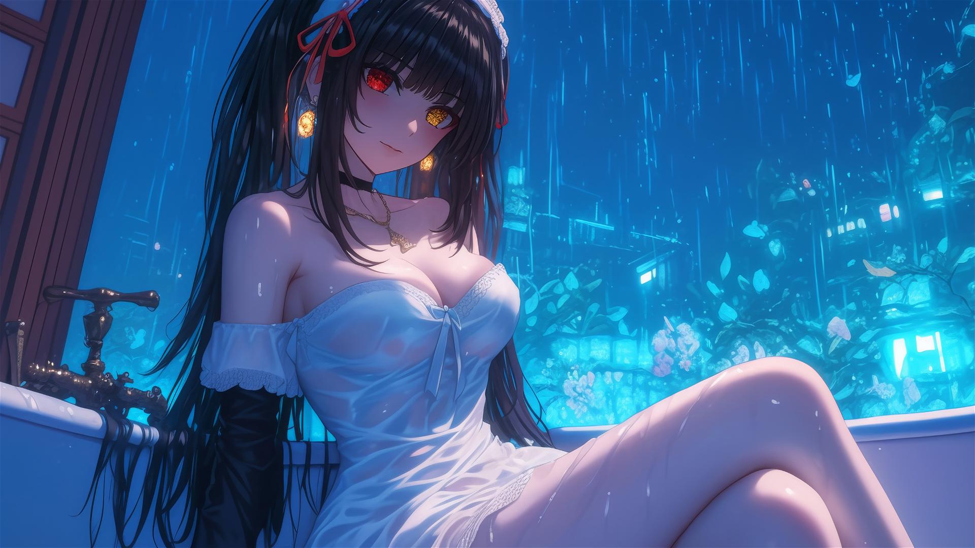 Kurumi Tokisaki from Date A Live in a tub, moonlight glow, white dress, rainy
