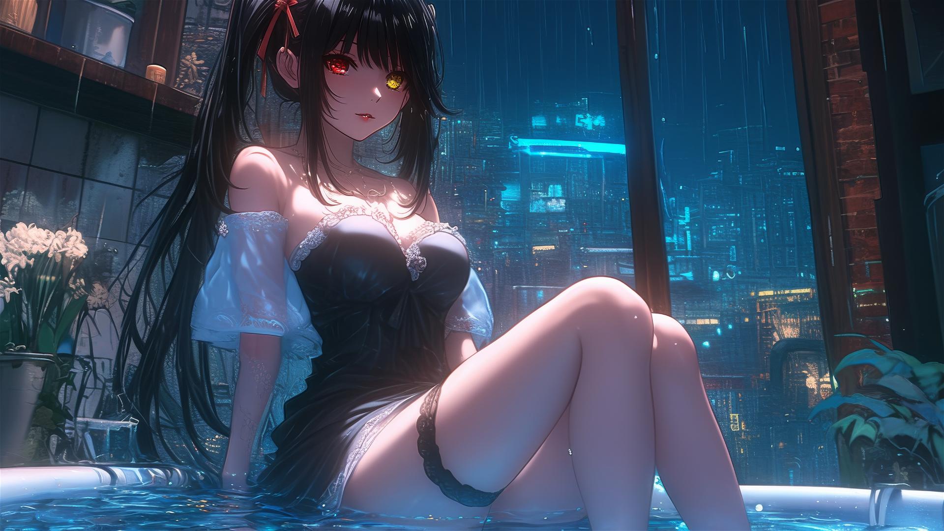 Kurumi Tokisaki sitting in a tub with moonlight glow