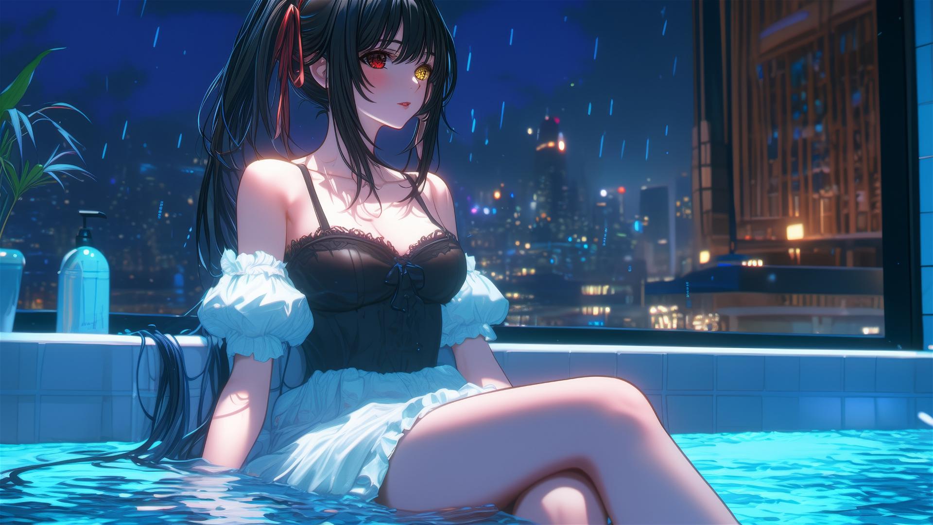 Kurumi Tokisaki from Date A Live resting in a tub under moonlight, wearing a white dress.