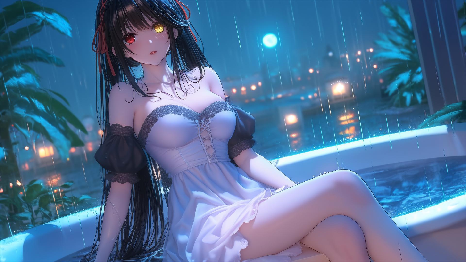 Kurumi Tokisaki resting in a tub, moonlight casting a glow, red and yellow eyes.