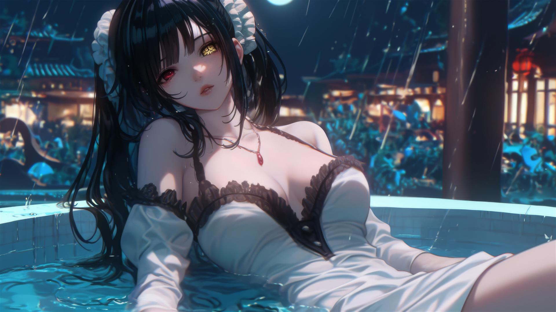 Kurumi Tokisaki from Date A Live resting in a tub with moonlight and rainy ambiance, red and yellow eyes.
