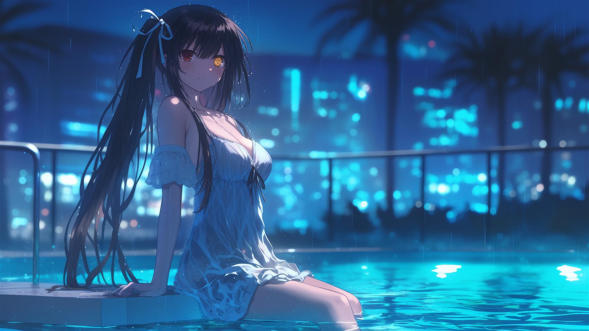 Kurumi Tokisaki in a white dress standing in a rainy swimming pool, moonlit, with red and yellow eyes.