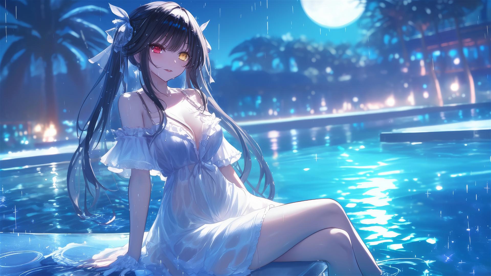 Kurumi Tokisaki in white dress standing in a rainy swimming pool under moonlight, right eye red, left eye yellow.