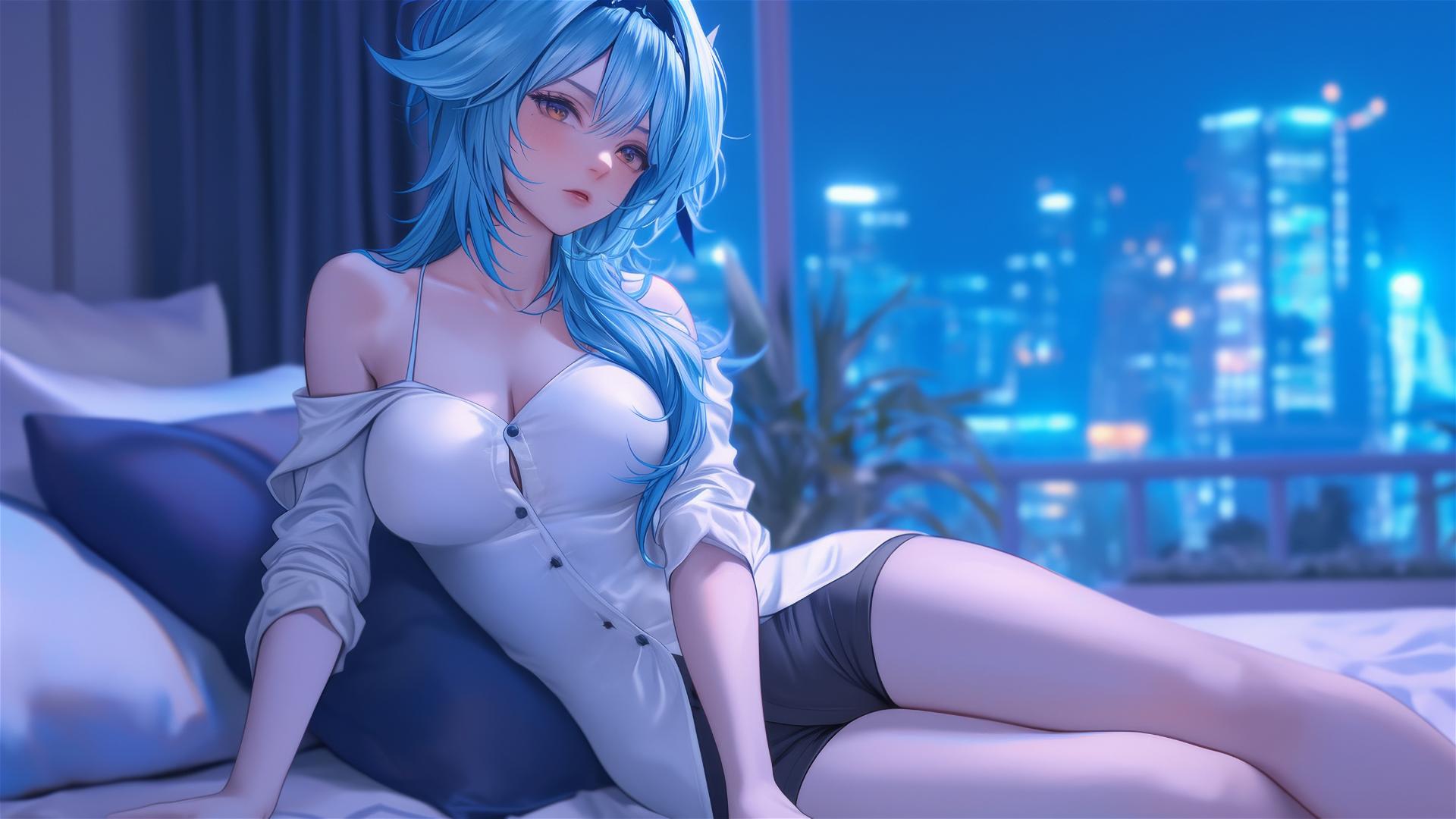 Eula Lawrence from Genshin Impact resting in a modern hotel room under moonlight
