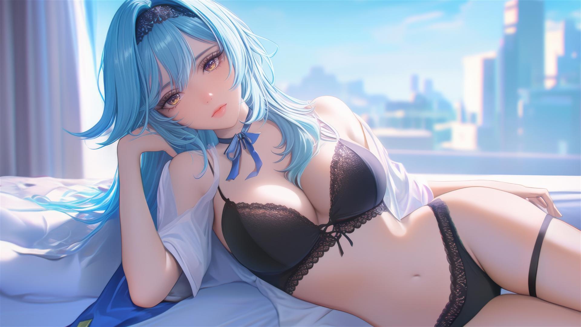 Eula Lawrence from Genshin Impact resting in a moonlit modern hotel room with light blue hair