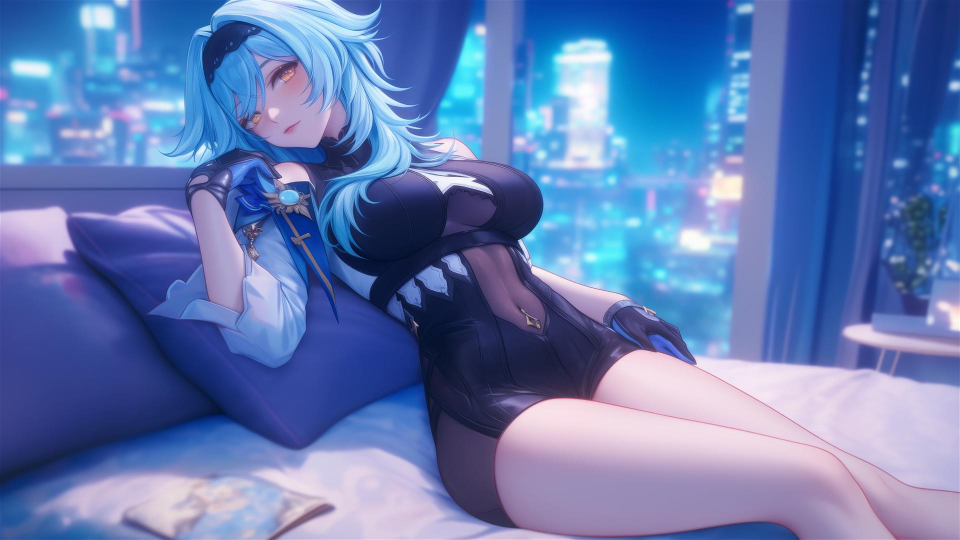 Eula Lawrence from Genshin Impact resting in a modern hotel room with moonlight.