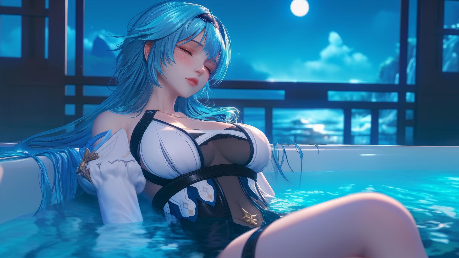 Eula Lawrence resting in a tub under moonlight