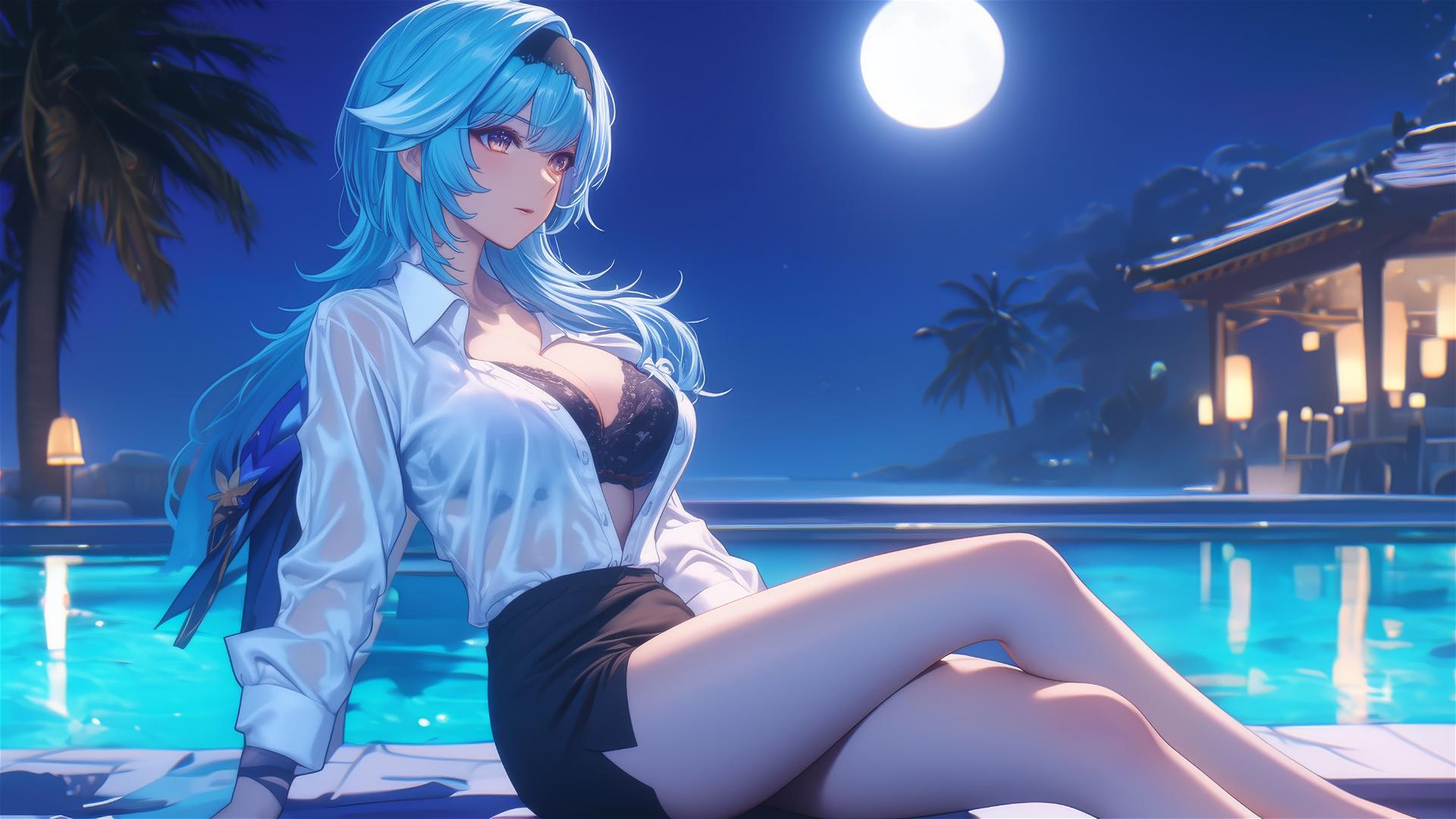 Eula Lawrence in white office shirt resting by a rainy pool with moonlight glow.