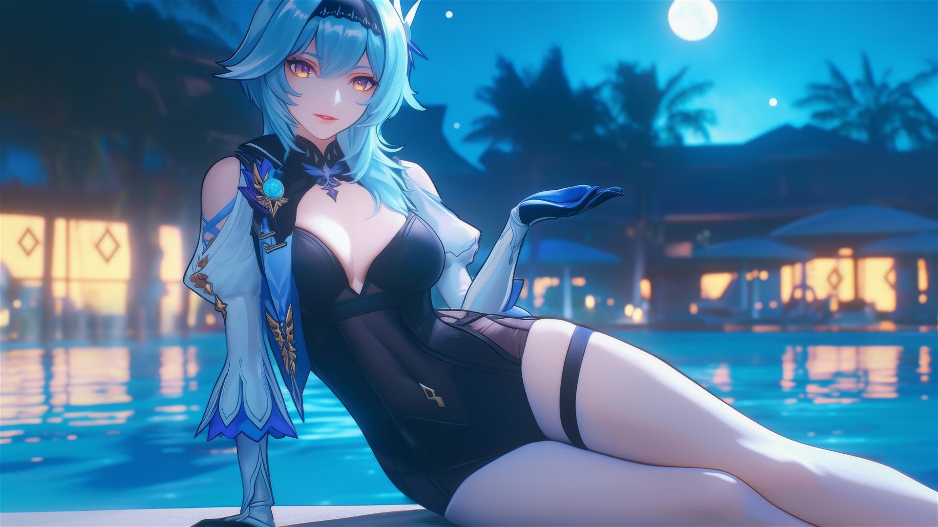 Eula Lawrence from Genshin Impact, resting at a swimming pool under moonlight.