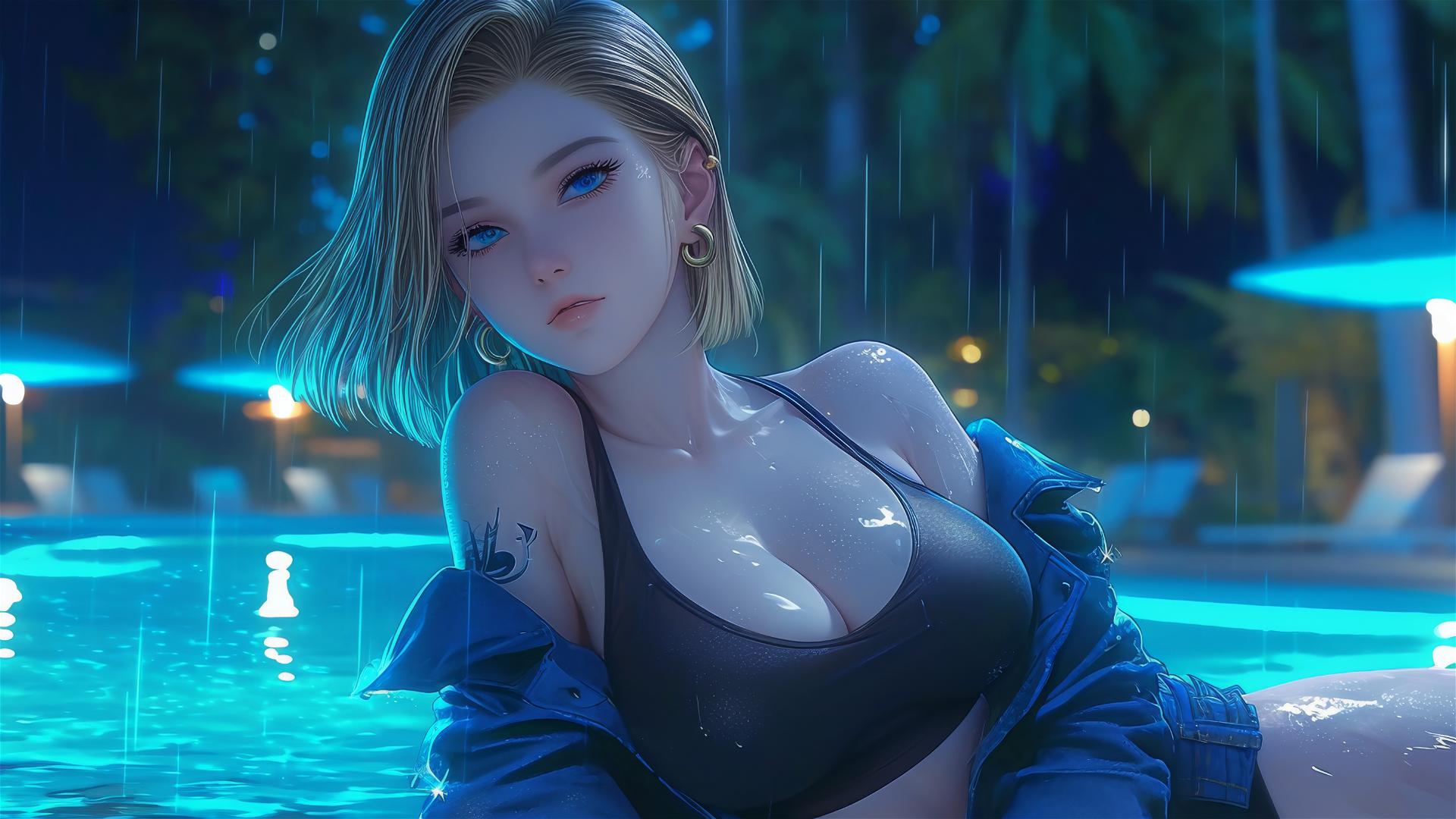 Android 18 from Dragon Ball resting by a rainy swimming pool at night.