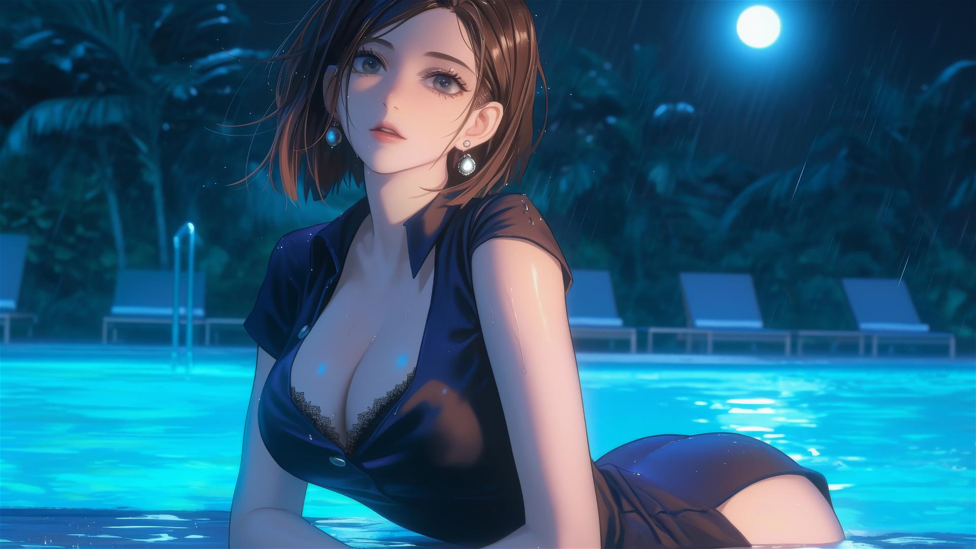 Nobara Kugisaki from Jujutsu Kaisen resting by a rainy swimming pool, moonlight glow