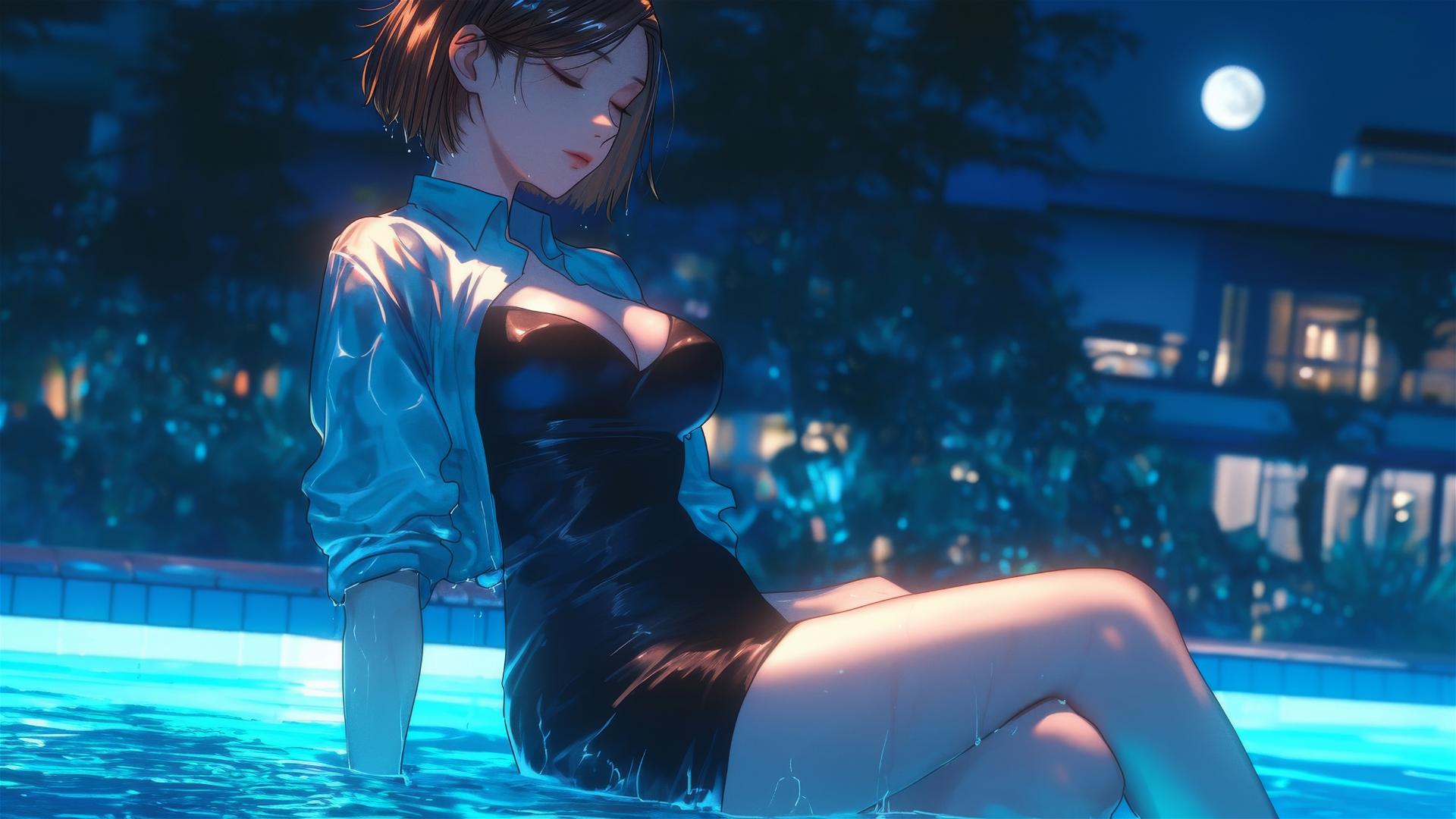 Nobara Kugisaki rests by a rainy swimming pool under moonlight.