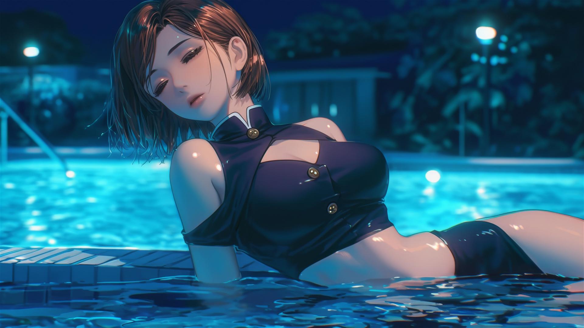 Nobara Kugisaki from Jujutsu Kaisen resting by a rainy pool under moonlight