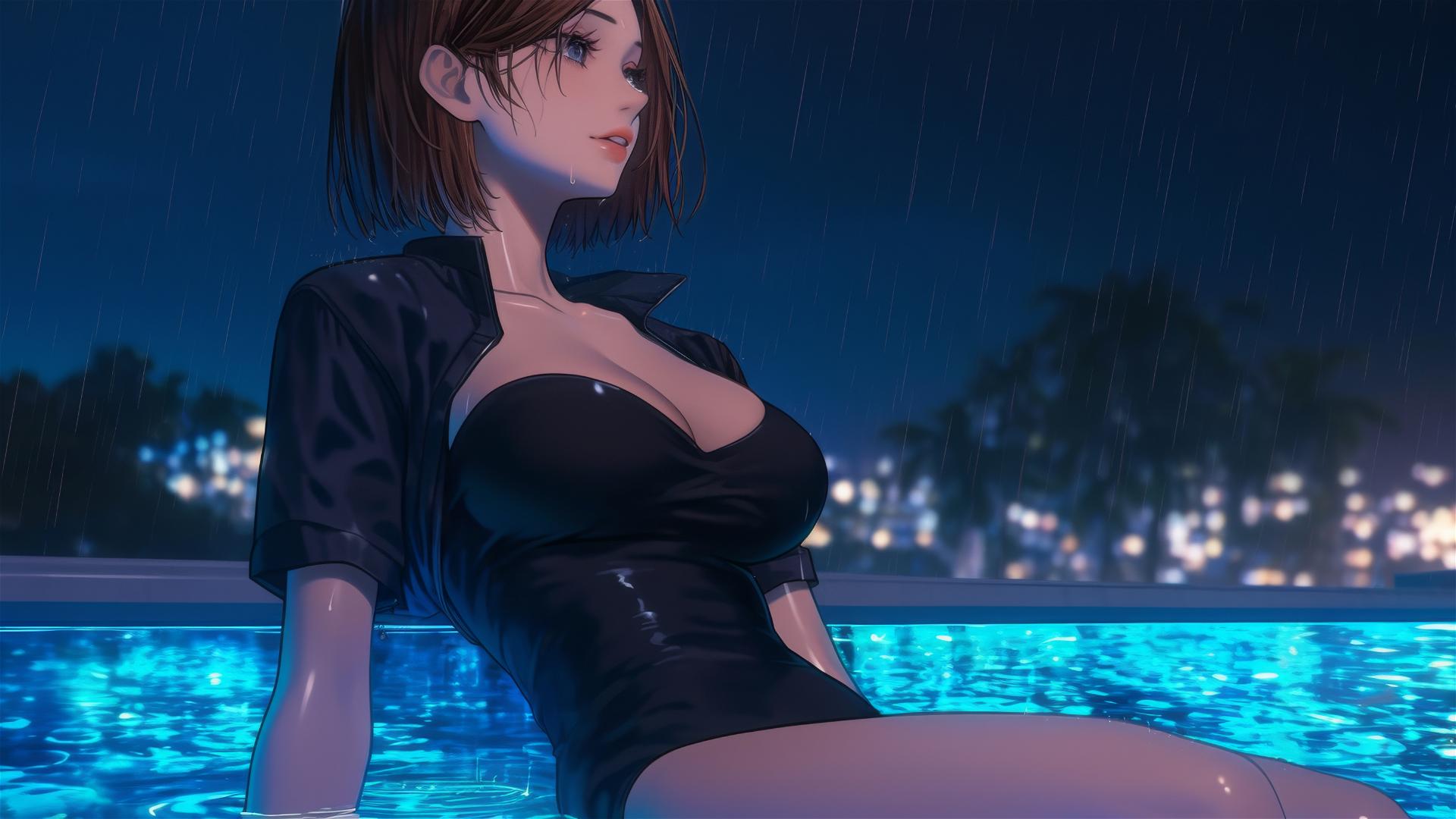 Nobara Kugisaki relaxing by a rainy swimming pool under moonlight