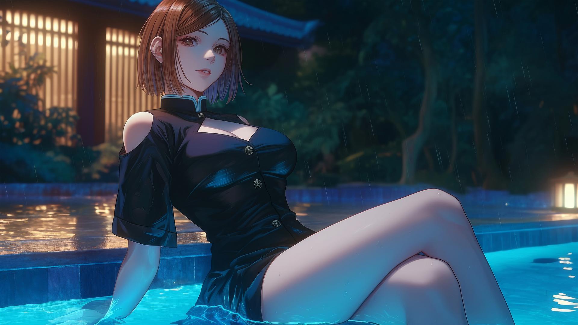 Nobara Kugisaki resting by a rainy swimming pool under moonlight.