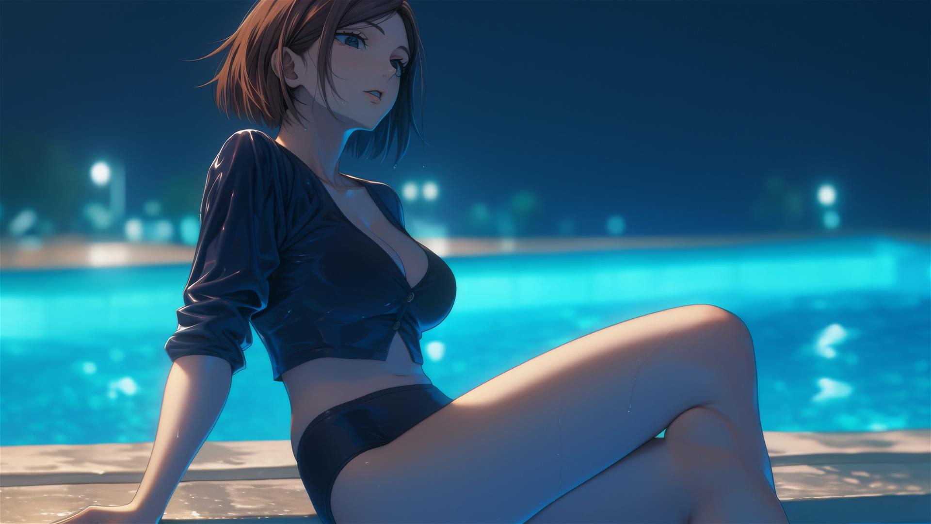 Nobara Kugisaki from Jujutsu Kaisen resting by a rainy swimming pool under moonlight
