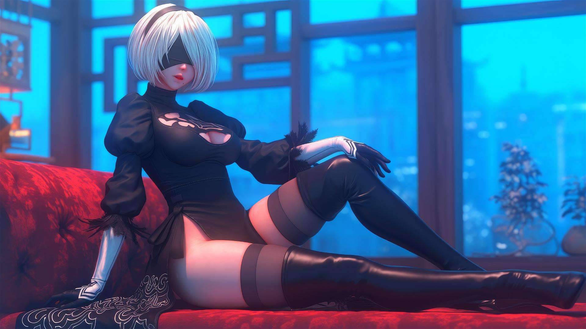 2B from Nier sitting in a modern hotel room, moonlight casting a soft glow