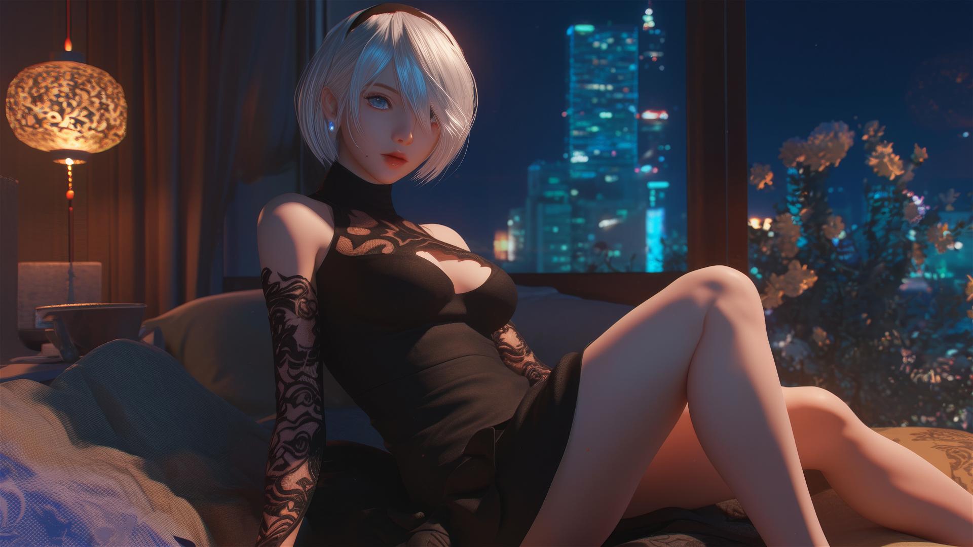 2B from Nier sitting in a modern hotel room with moonlight glow