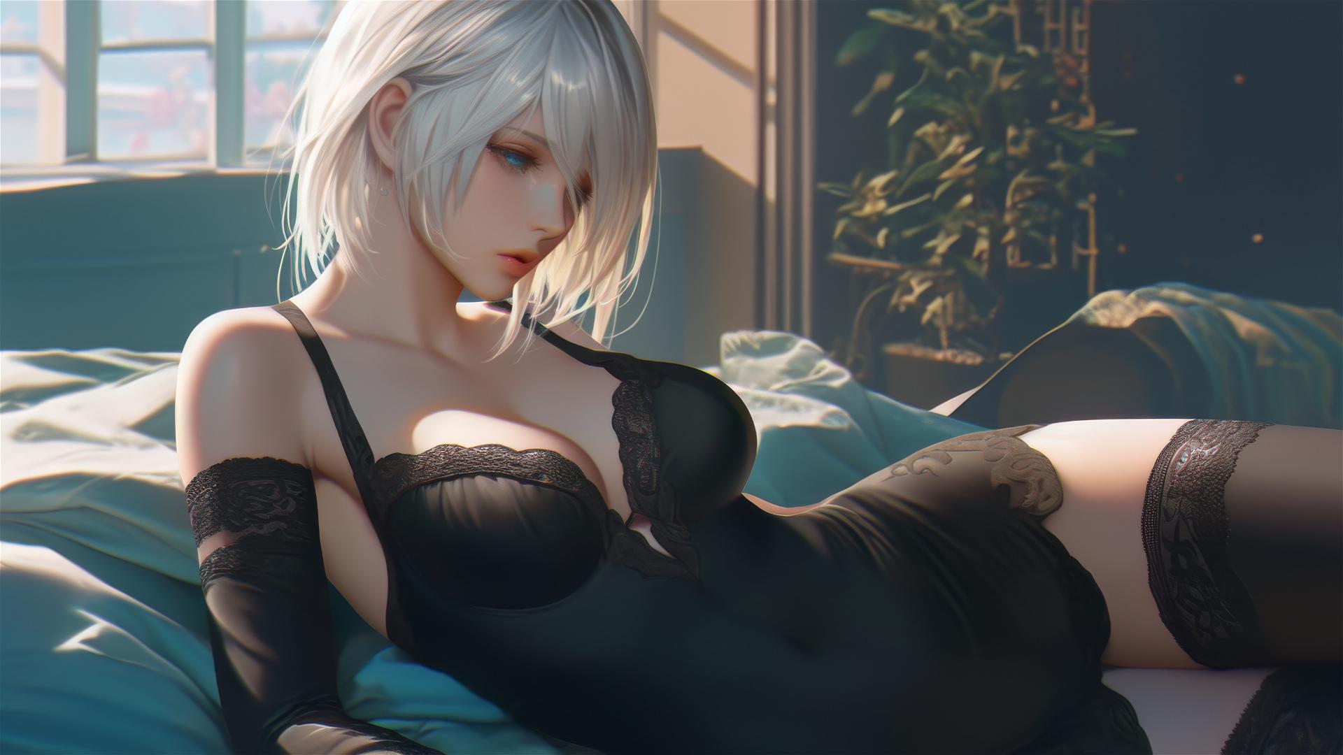 2B from Nier sitting in a modern hotel room with moonlight glow