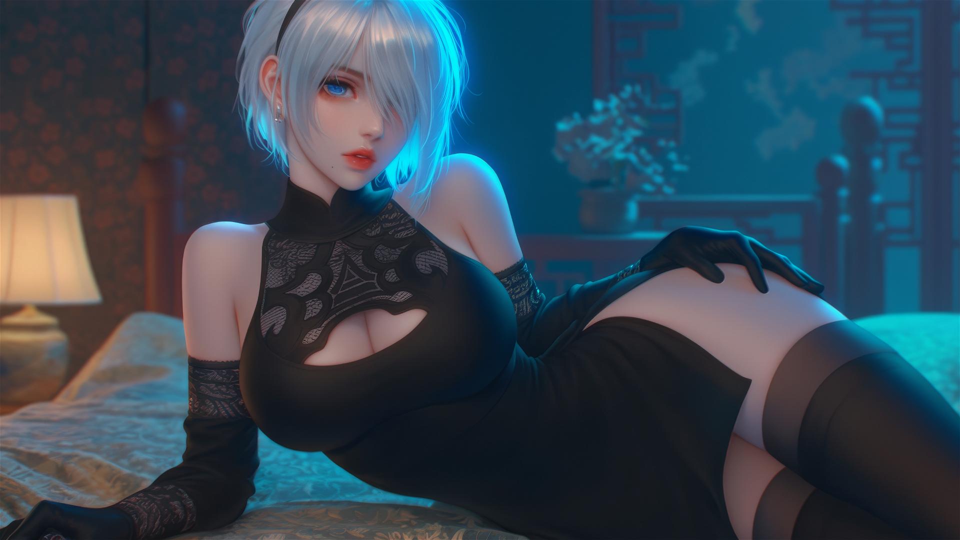 2B from Nier resting in a modern hotel room with moonlight glow