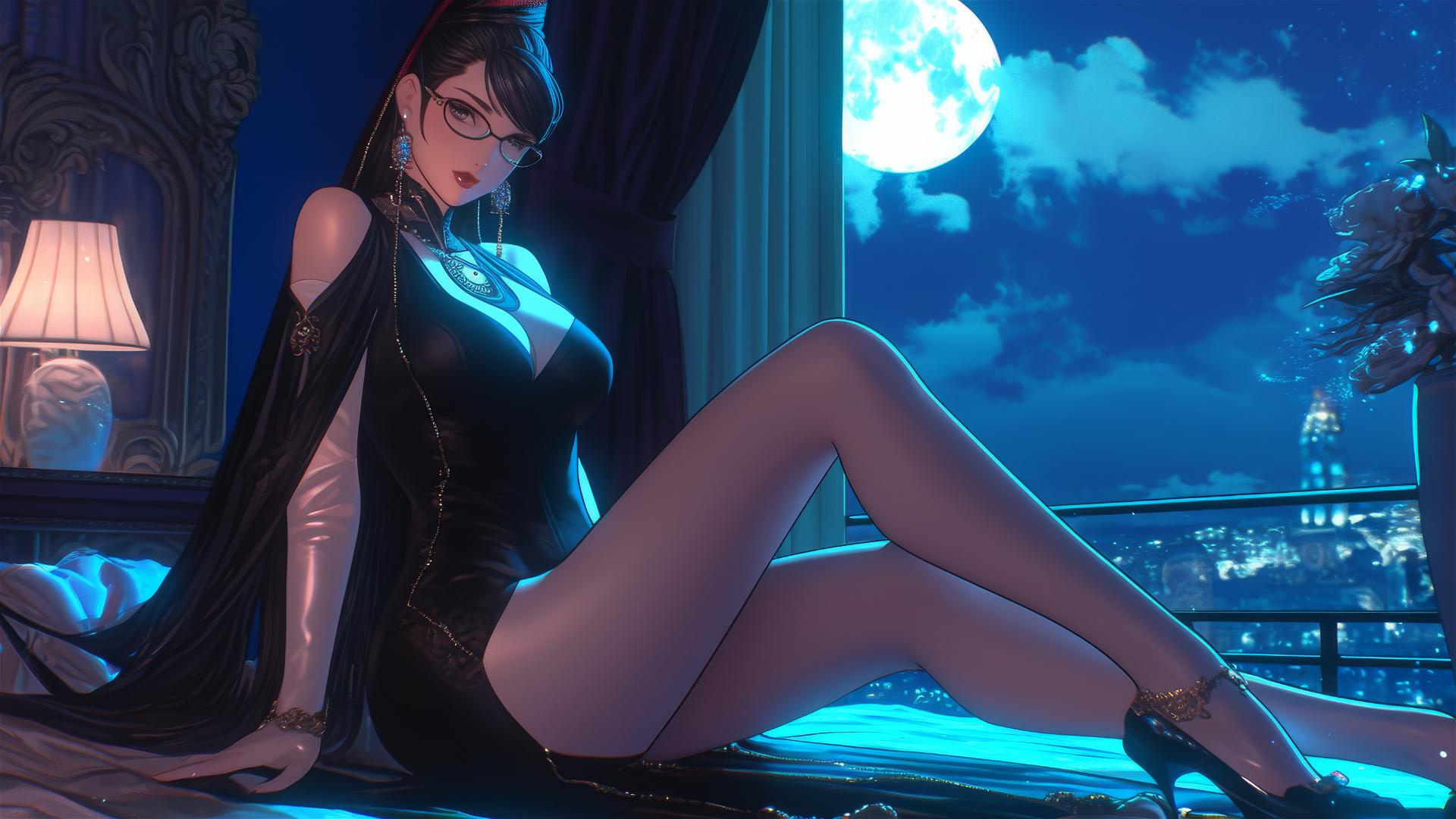 Bayonetta sitting at modern hotel room under moonlight glow