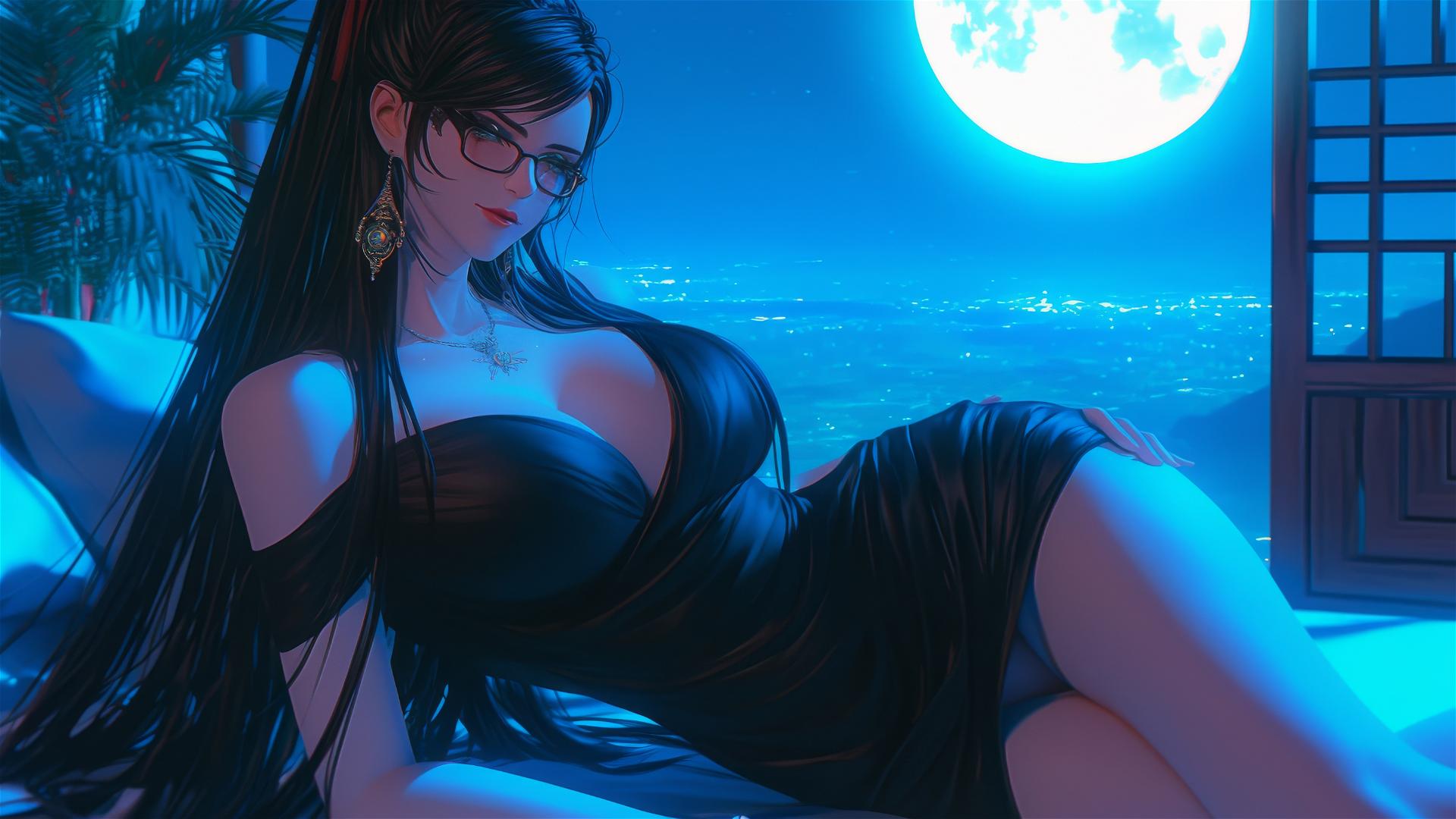 Bayonetta resting in a modern hotel room with moonlight glow