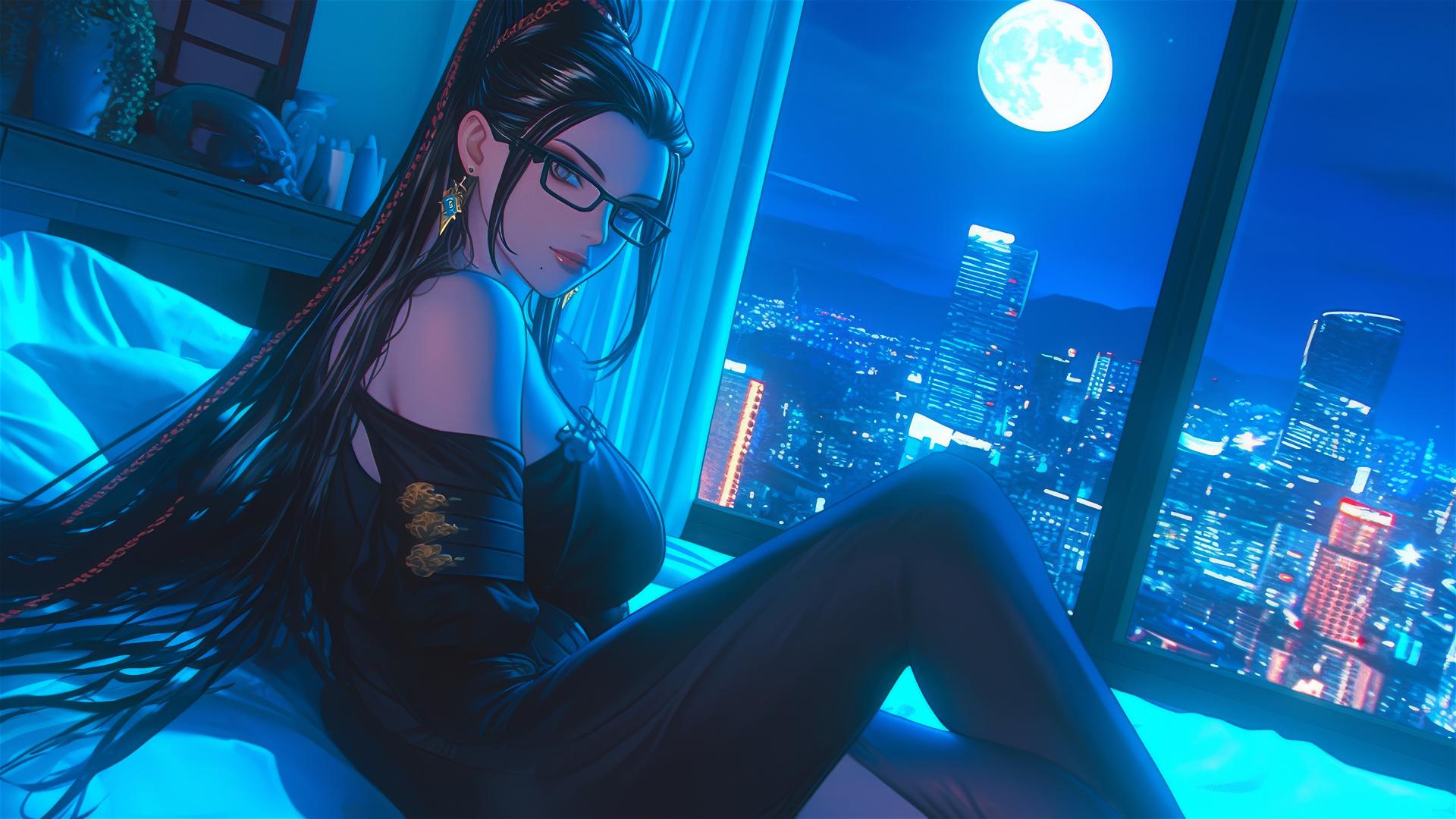 Bayonetta resting in a modern hotel room with soft moonlight glow