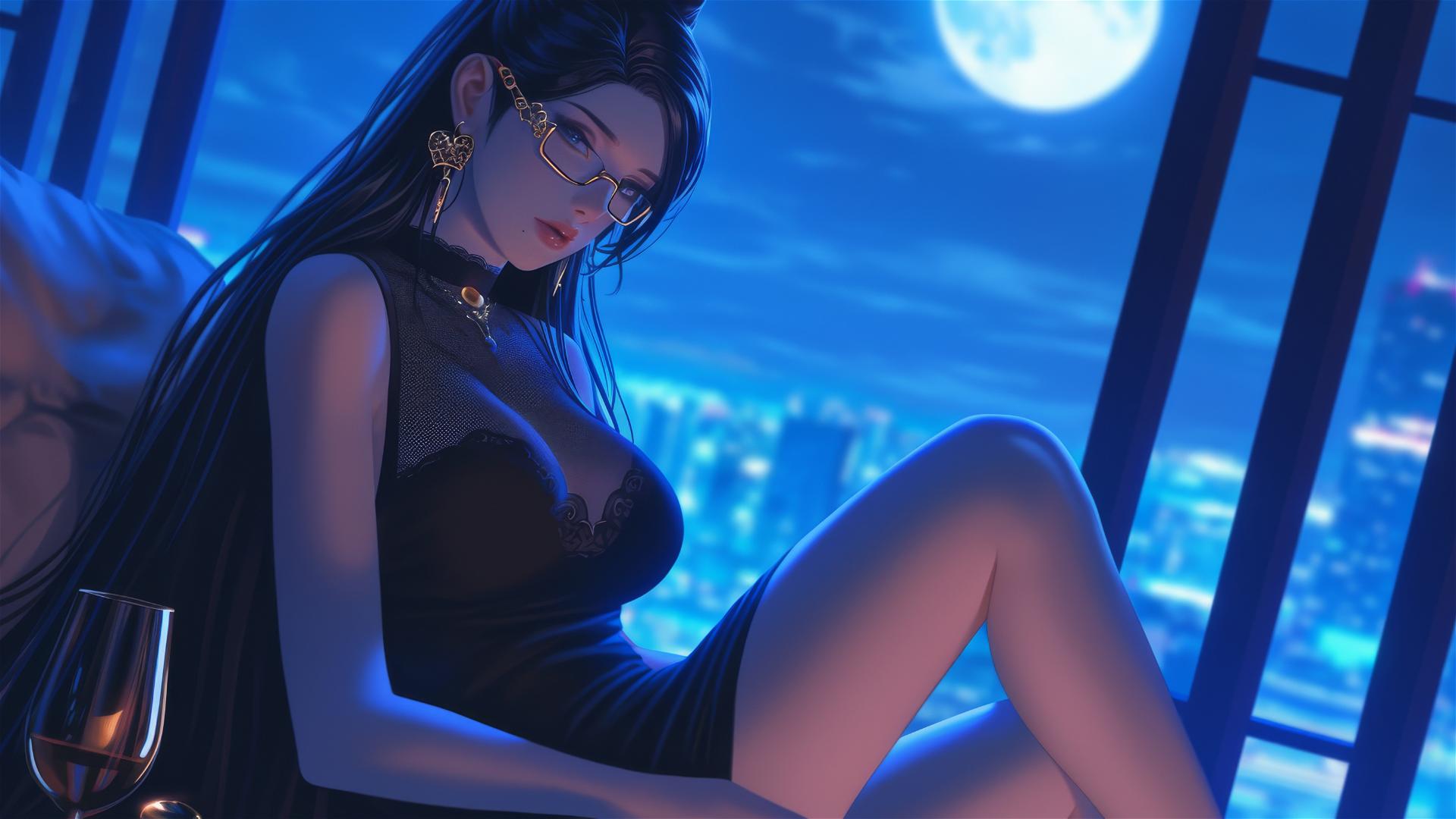Bayonetta resting in a modern hotel room with moonlight glow