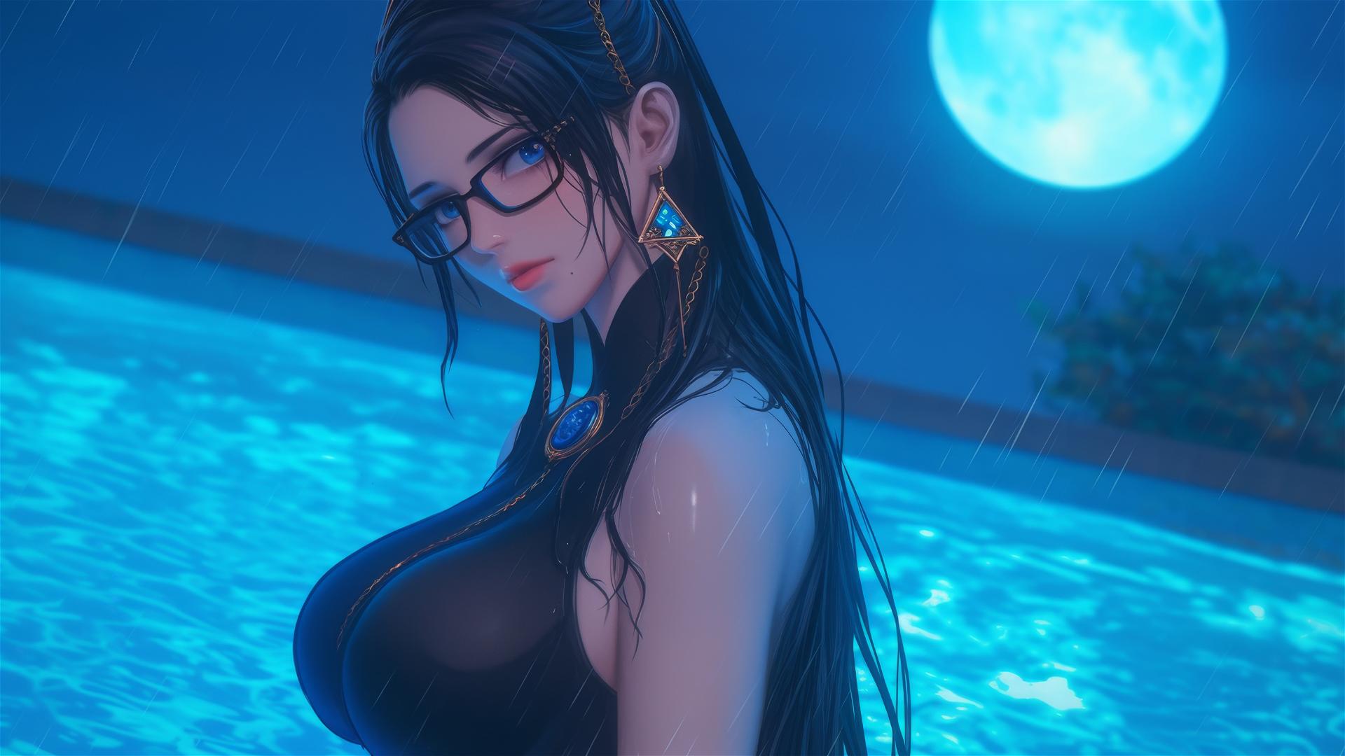 Bayonetta resting by rainy pool with moonlight glow