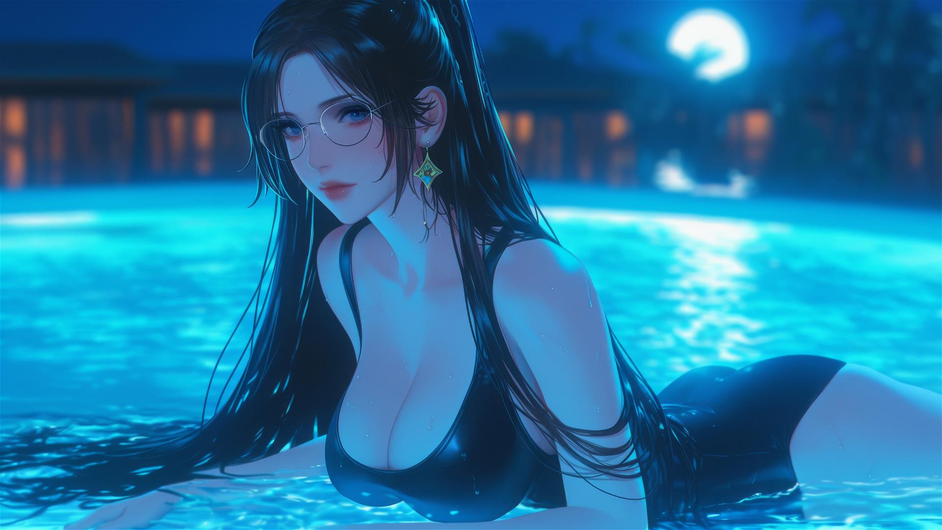 Bayonetta rests at a rainy swimming pool, moonlight illuminating her figure.
