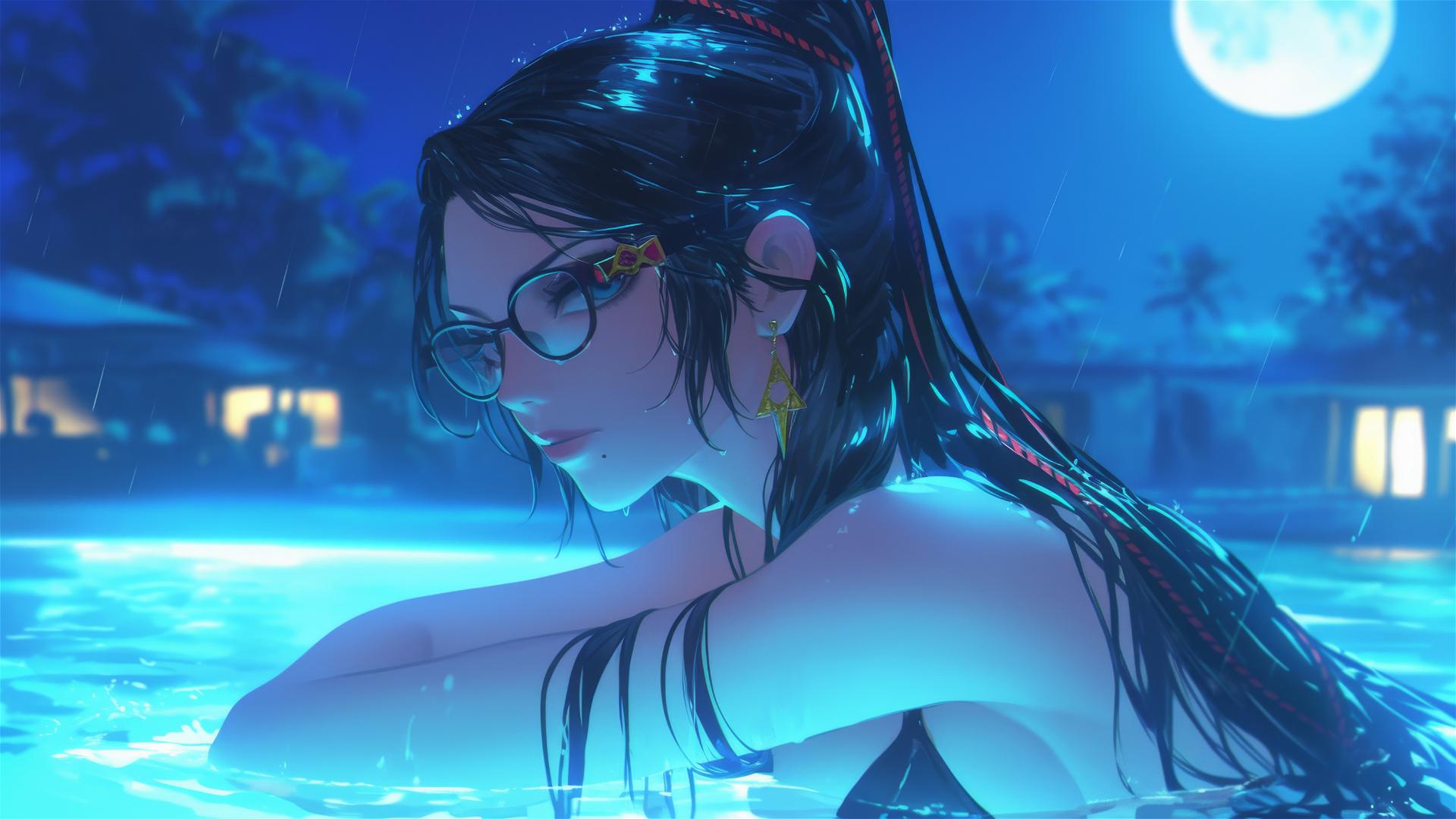 Bayonetta resting by a rainy swimming pool, moonlight casting a soft glow
