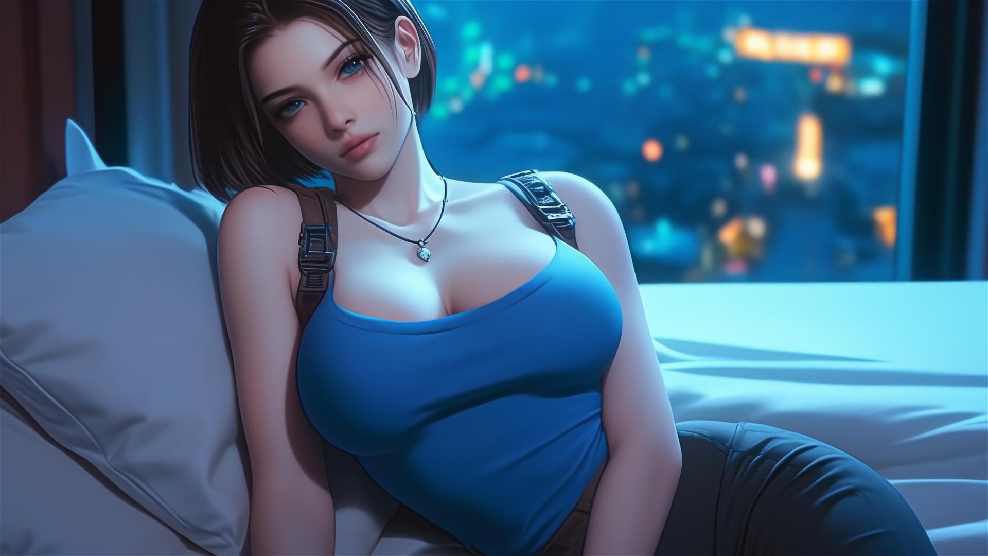 Jill Valentine resting in a modern hotel room, illuminated by moonlight.