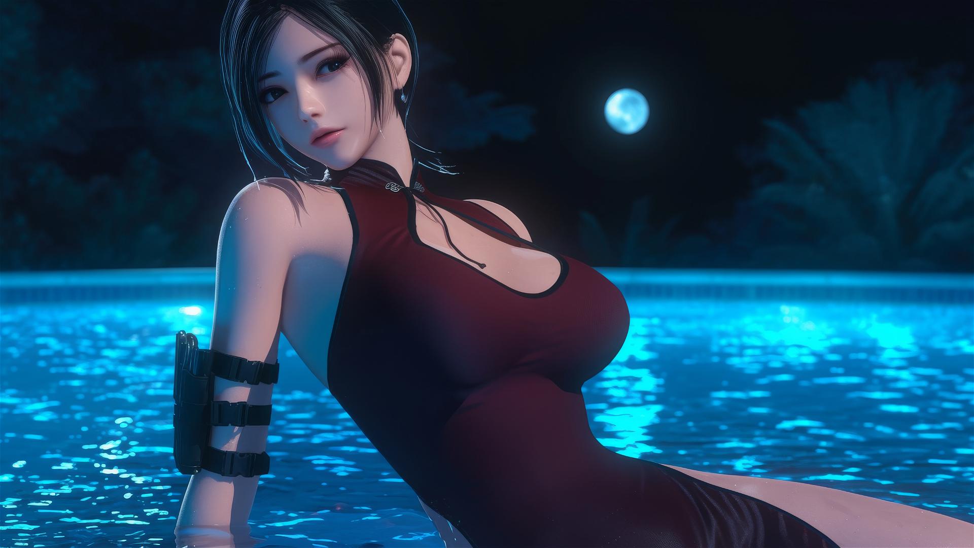 Ada Wong resting by a rainy pool with moonlight glow